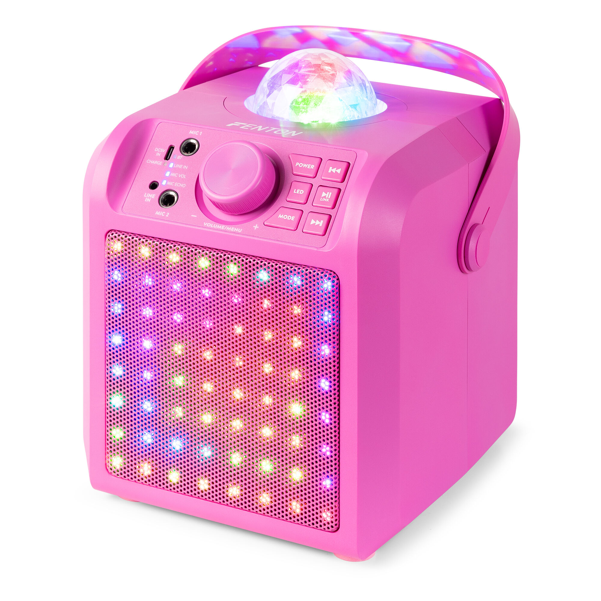 Altavoz rosa con asa, bola de discoteca y luces de colores en el frente. Botones: encendido, LED, modo y volumen.