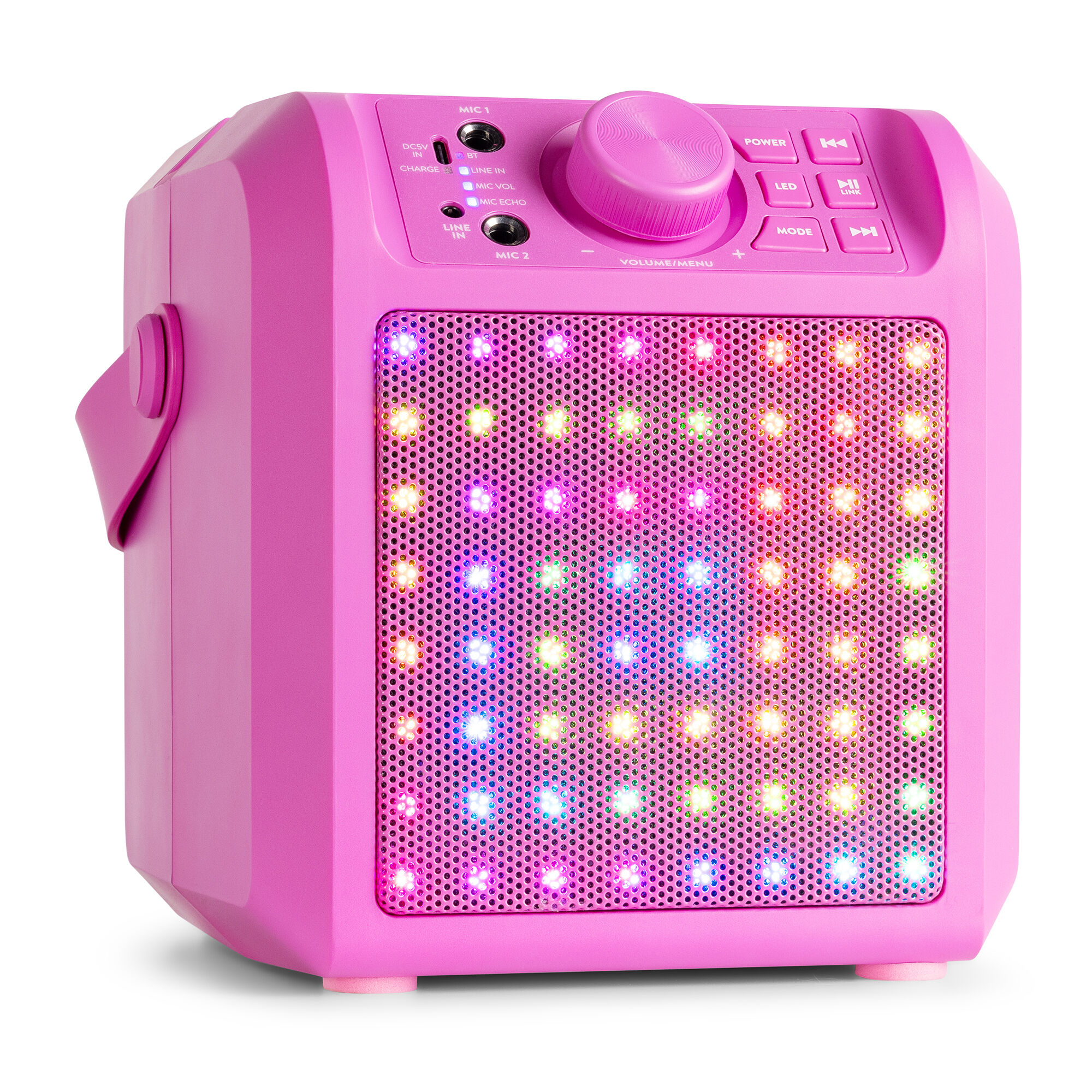Altavoz rosa con luces brillantes, botones y asa.