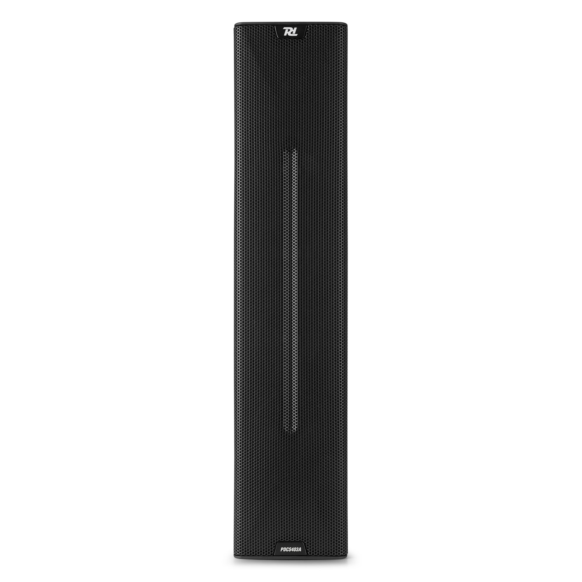 Un altavoz negro alto con una parte frontal de malla. Tiene las letras 'RL' arriba y 'PDCS403A' abajo.