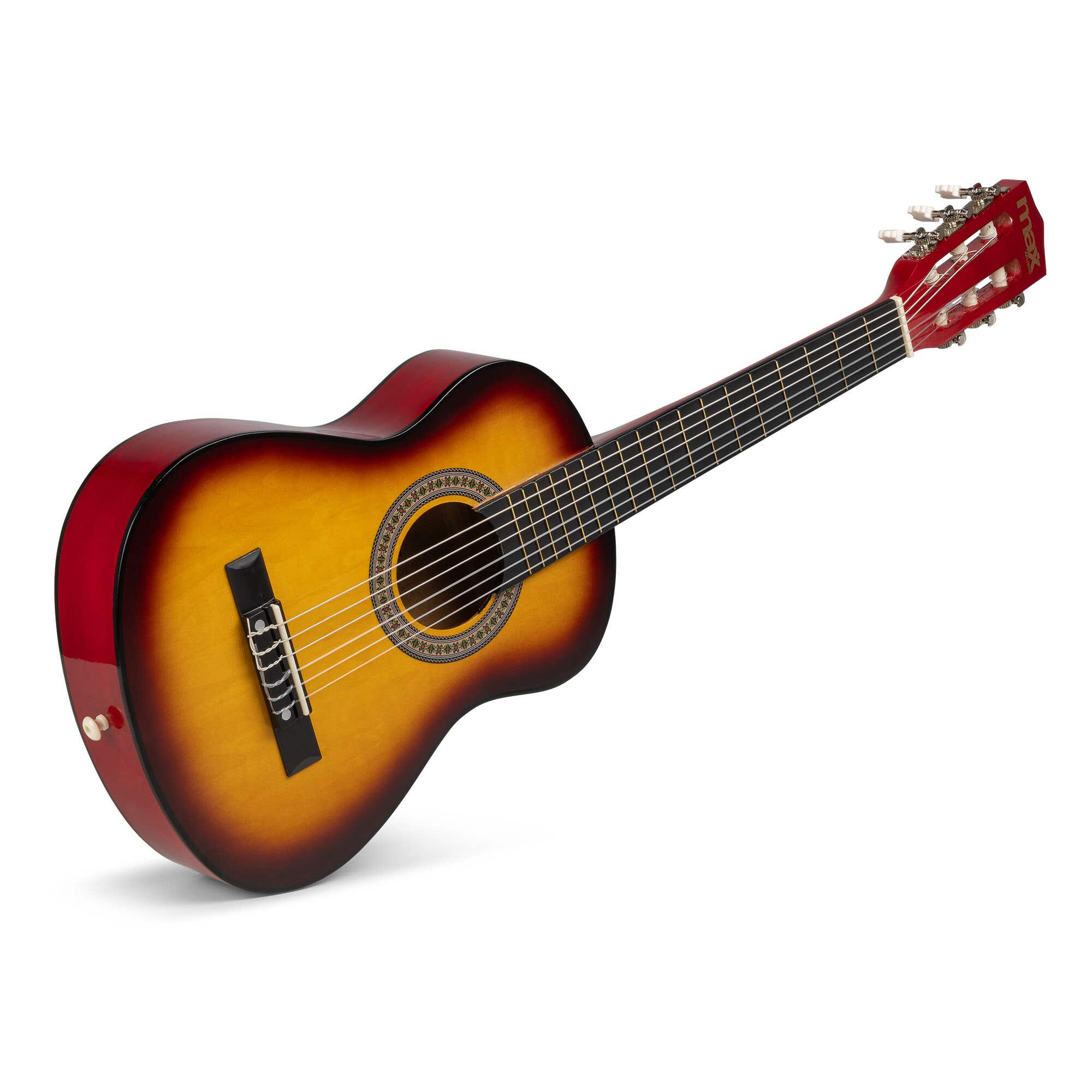 Guitarra acústica con clavijero rojo y cuerpo amarillo-marrón, sobre una superficie blanca. Cuerdas visibles.