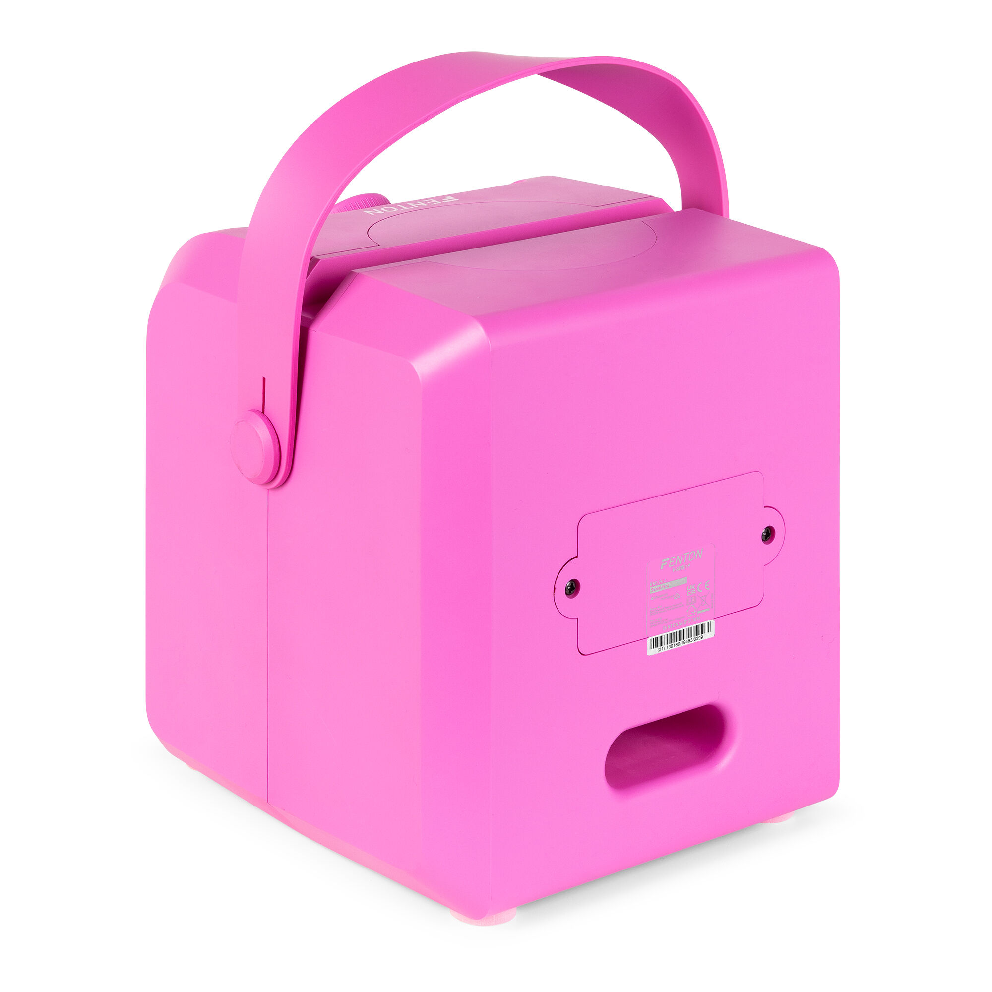 Un dispositivo rosa en forma de caja con un asa. El dispositivo tiene una etiqueta y un asa. Está sobre una superficie blanca.
