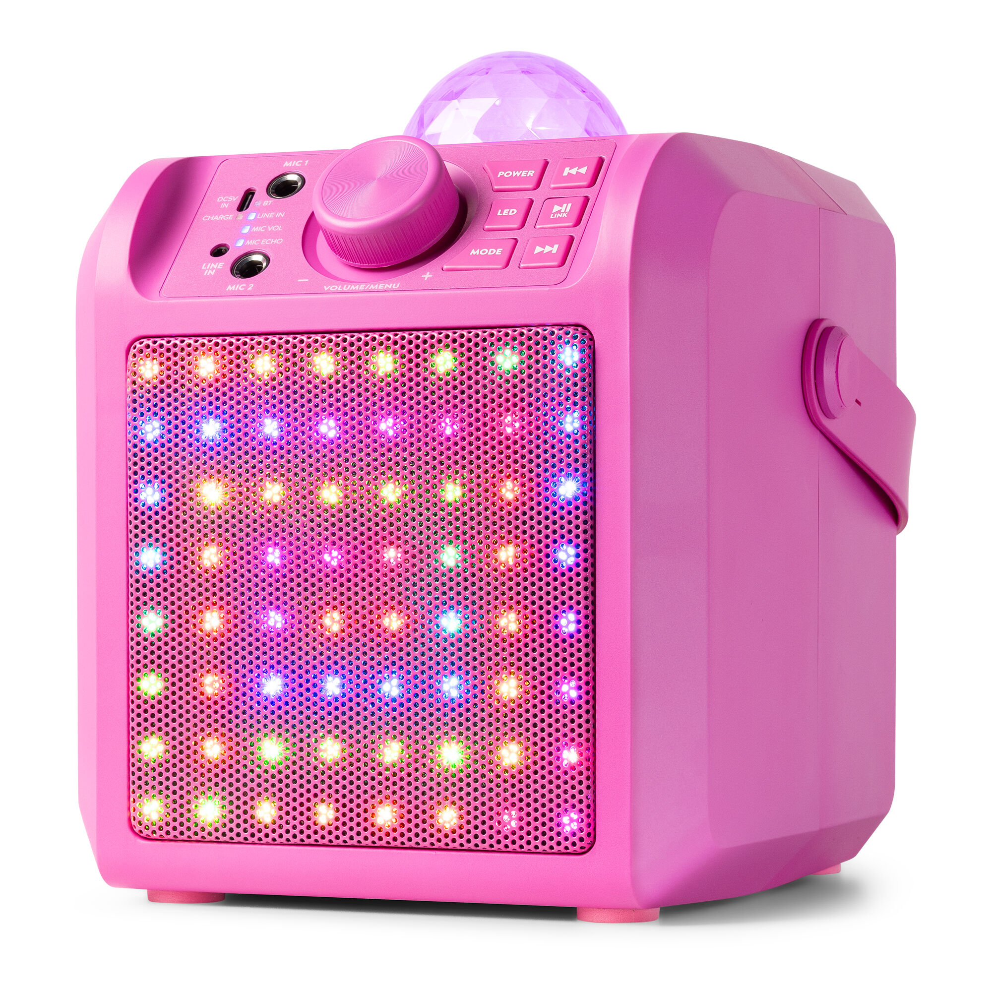 Altavoz rosa con luces de colores, una bola de discoteca y botones de control. Tiene un asa y varios puertos de entrada.