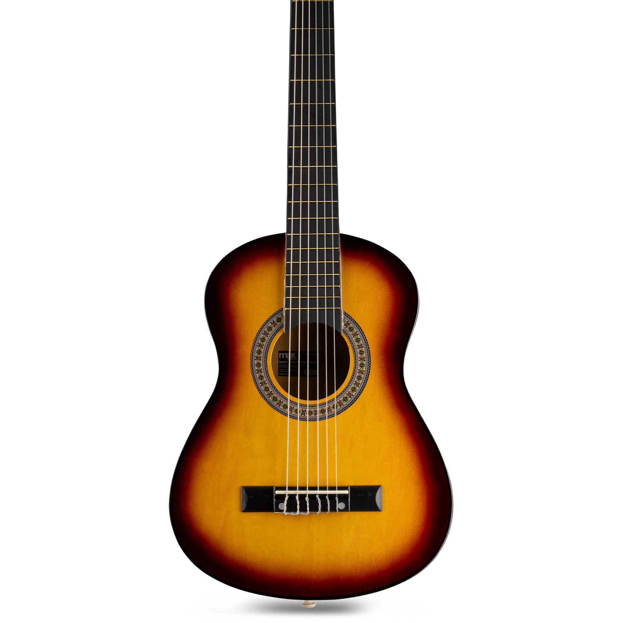 Guitarra acústica, cuerpo con acabado sunburst. Diapasón, cuerdas y puente negros son visibles. El fondo es blanco.