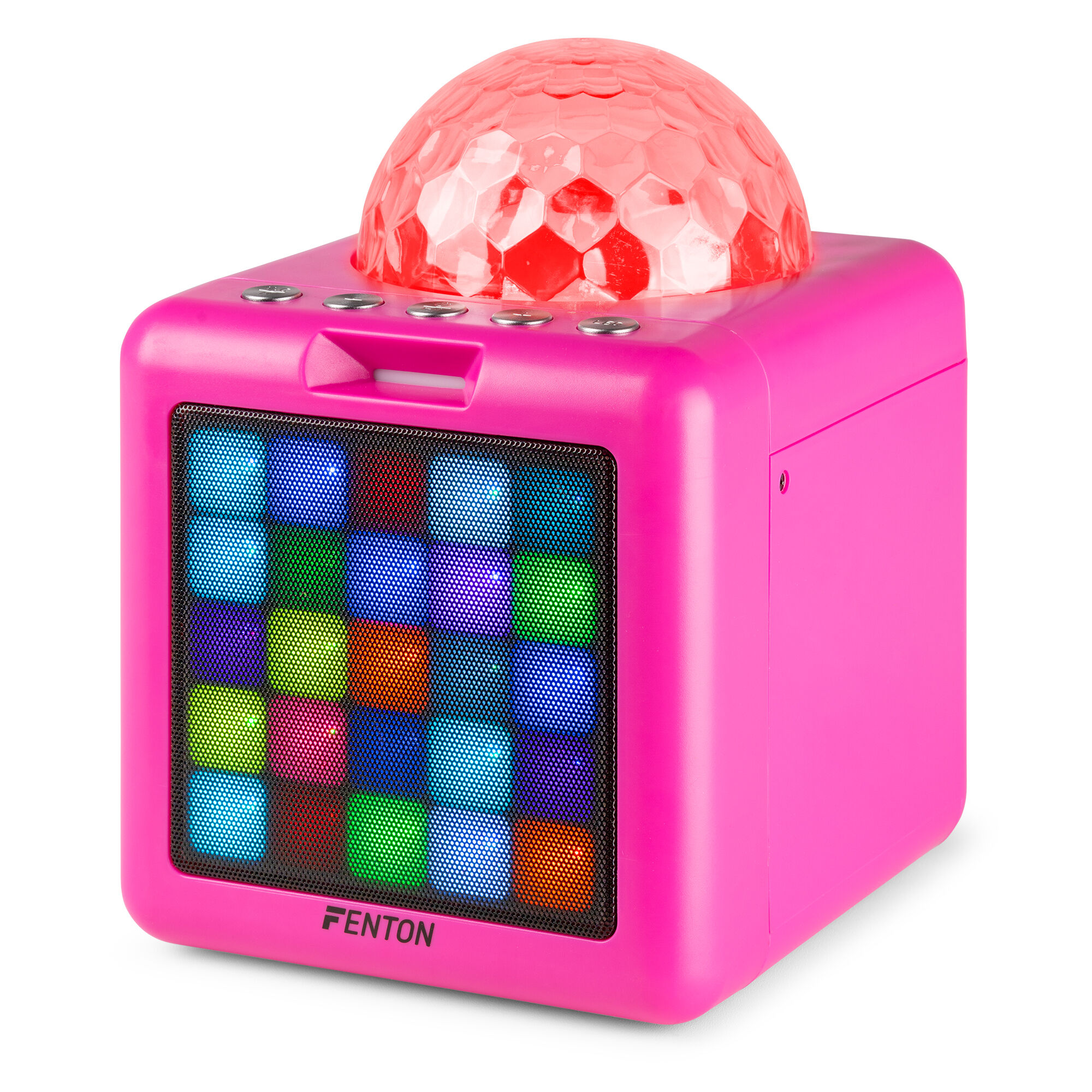 Altavoz rosa con bola de discoteca encima. La parte delantera tiene una cuadrícula de luces de colores. La marca FENTON es visible.