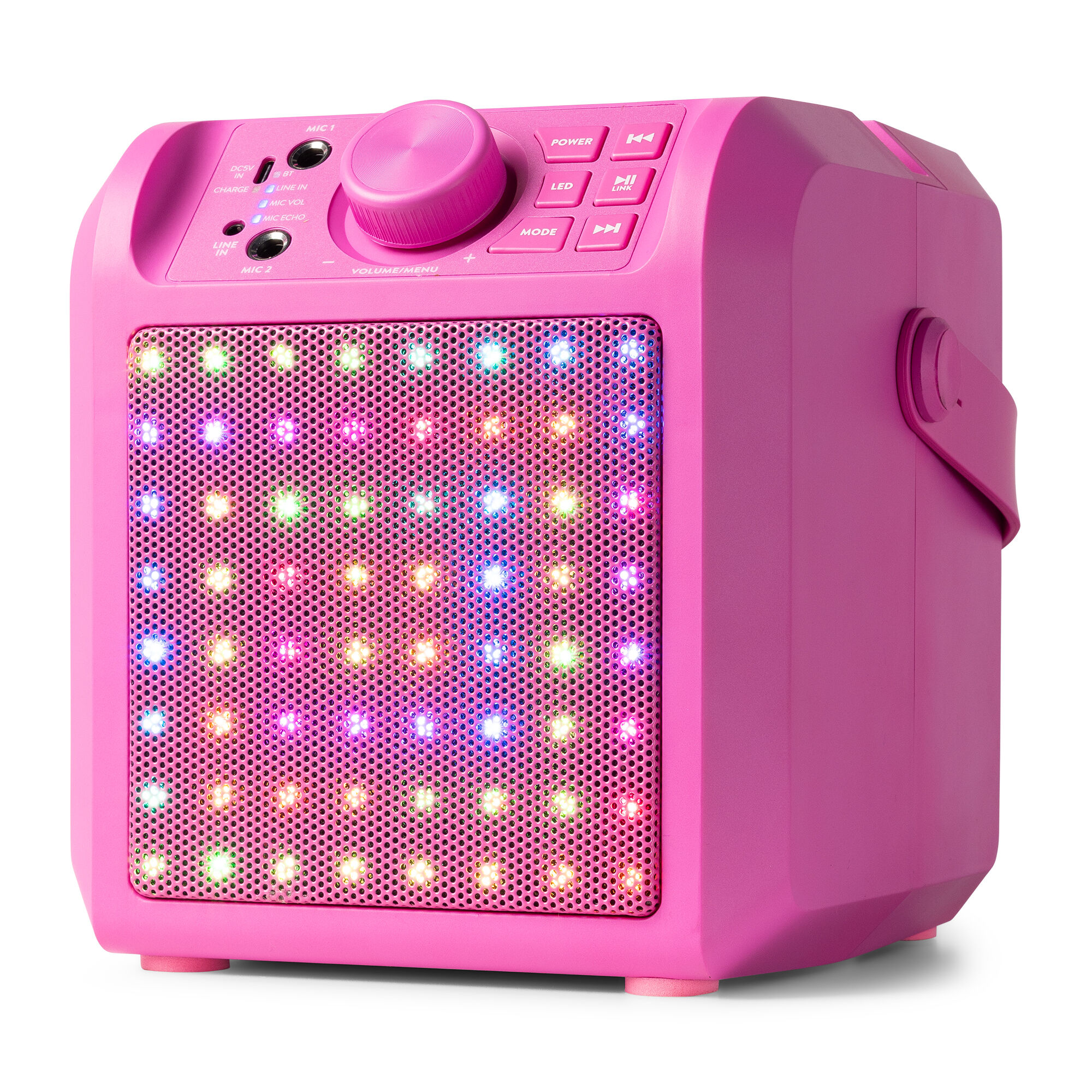 Altavoz rosa con frontal iluminado. Controles: encendido, LED, modo y volumen. Tiene asa y puertos de entrada.