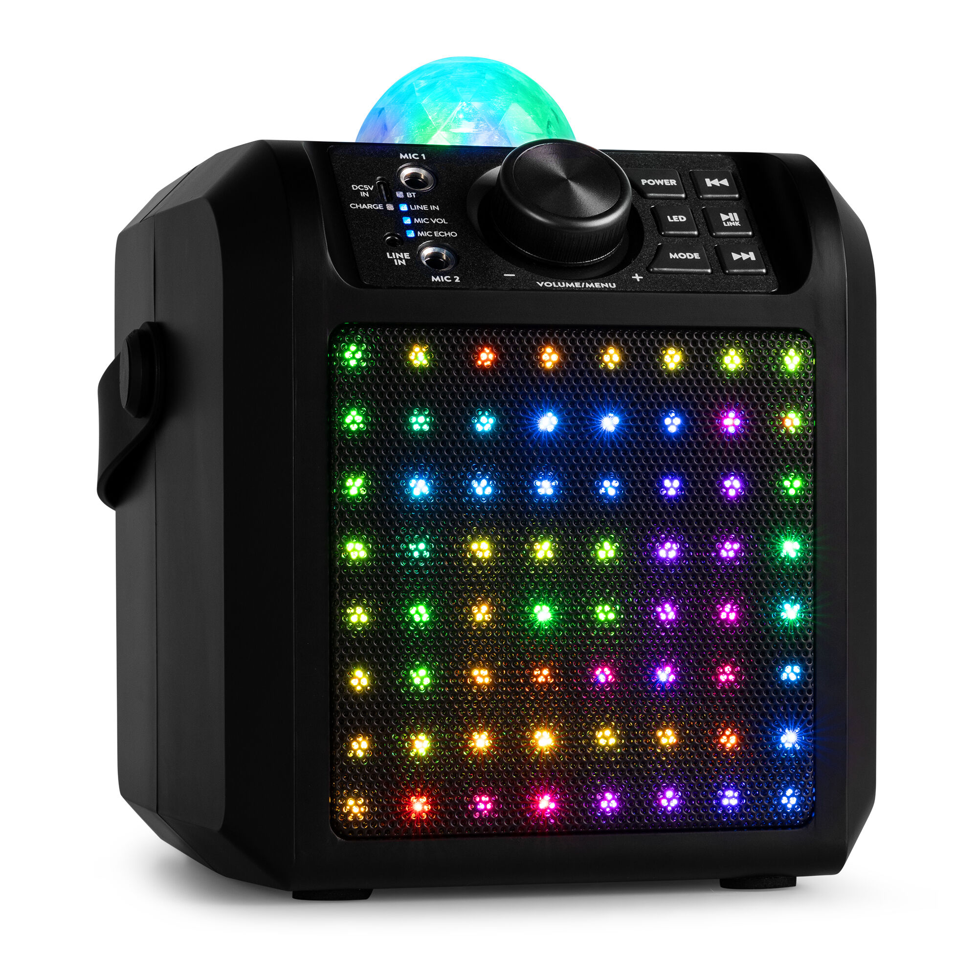 Altavoz negro con pantalla LED colorida. Tiene una bola de discoteca encima y botones de control.