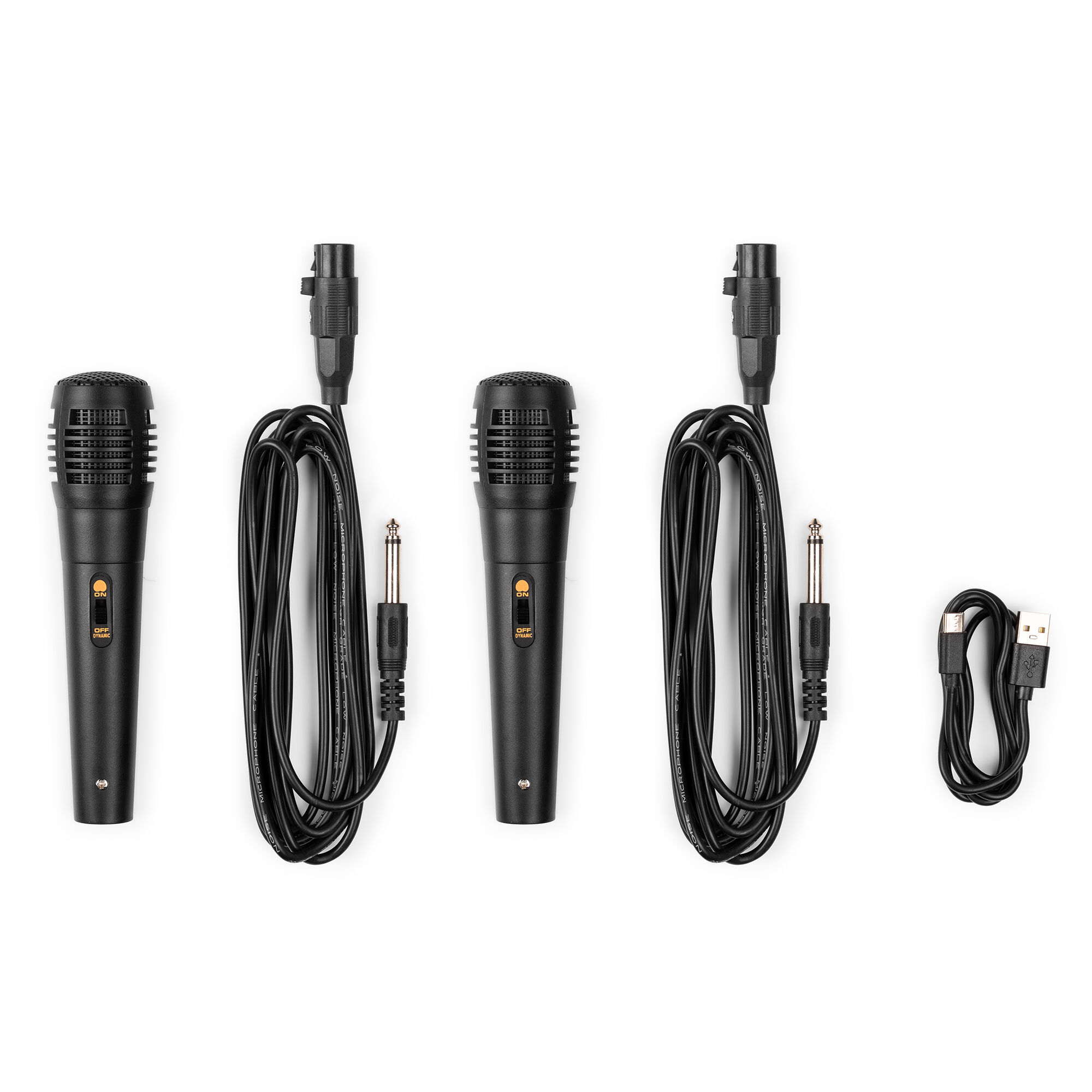 Cinco micrófonos negros, cables y un cable USB sobre un fondo blanco. Los micrófonos tienen interruptores de encendido/apagado.