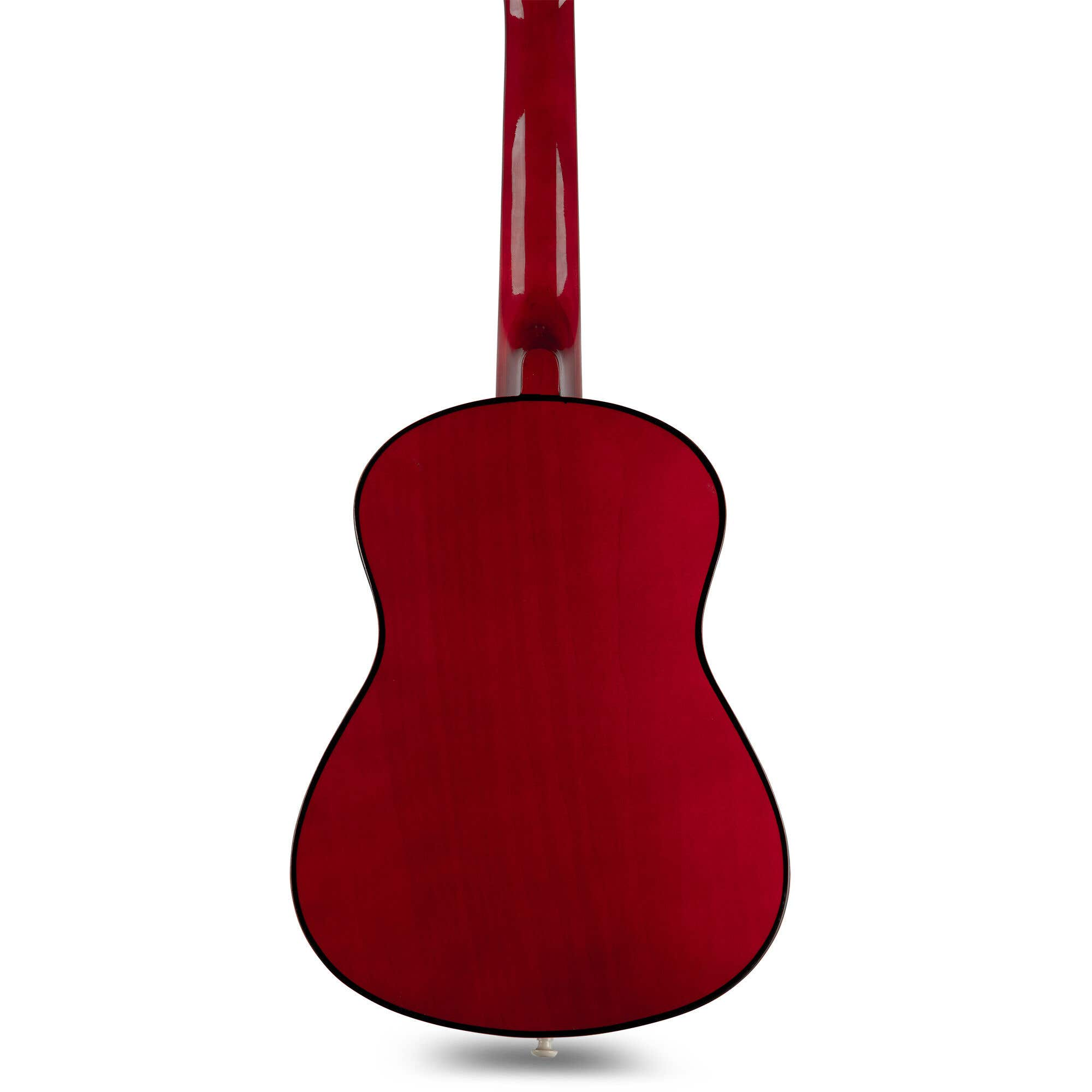 Parte trasera de guitarra acústica roja, contorno negro. El mástil se extiende hacia arriba. Fondo blanco.