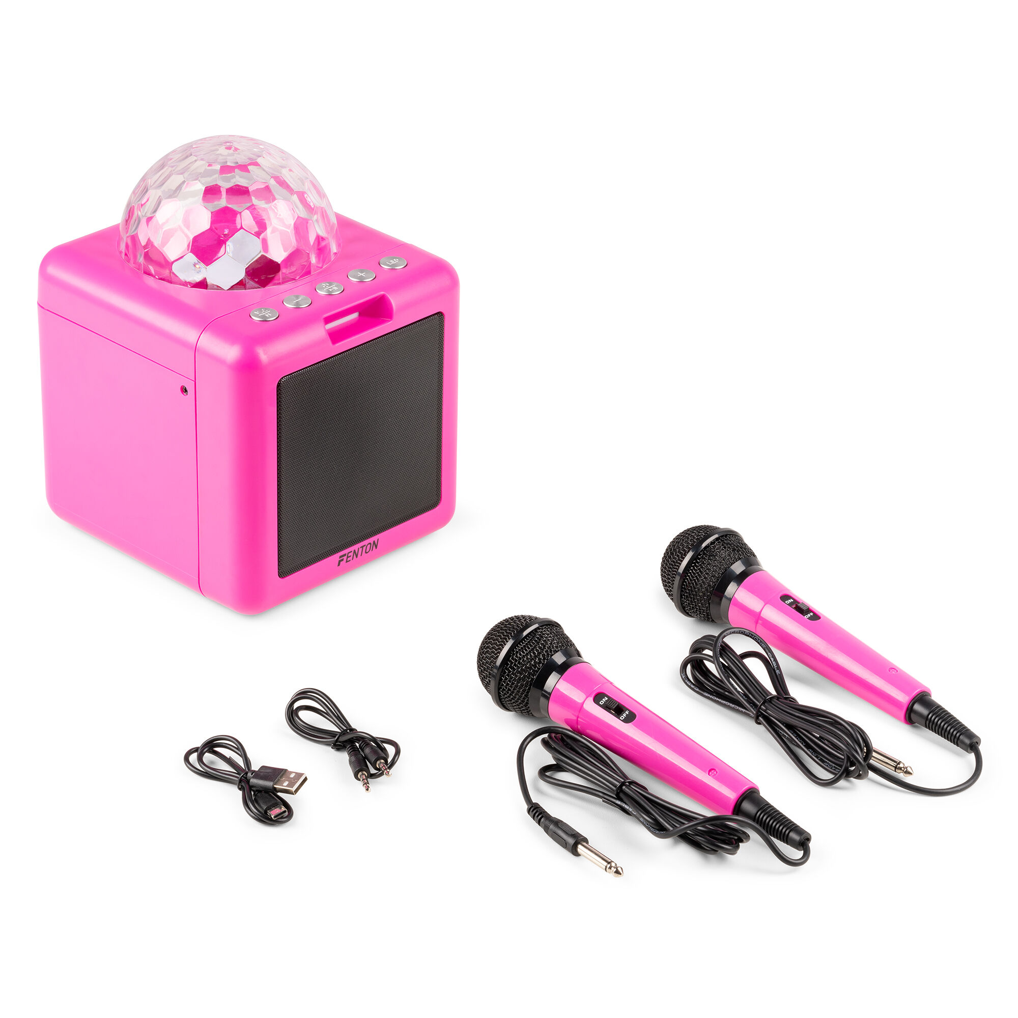 Una máquina de karaoke rosa con una bola de discoteca, dos micrófonos y cables. Altavoz y botones negros en la máquina.