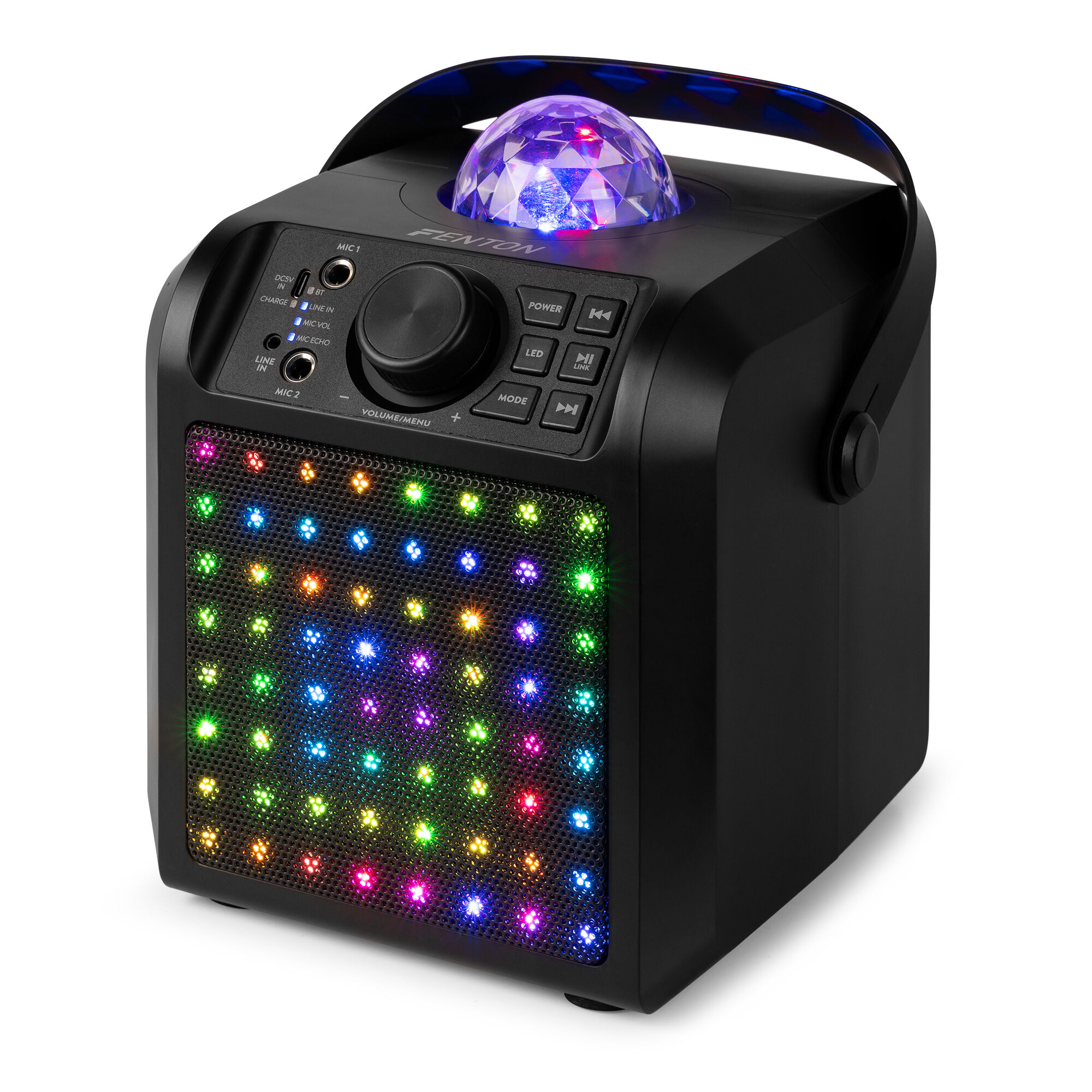 Un altavoz Fenton negro con una bola de discoteca encima y una cuadrícula de luces de colores. Tiene botones y un asa.