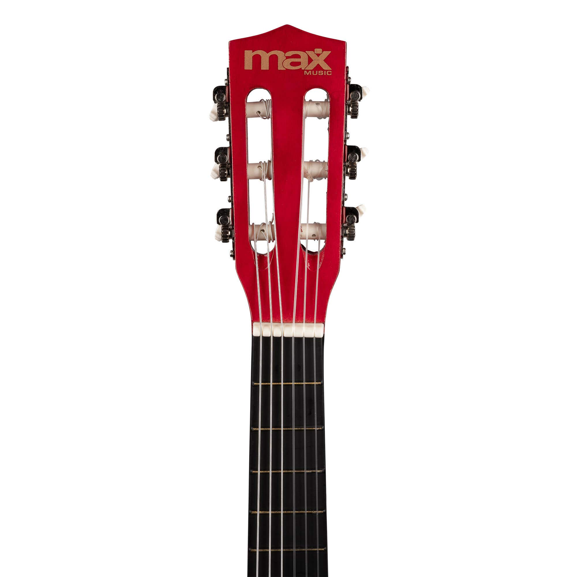 Clavijero rojo de guitarra con cuerdas y clavijas. La marca es Max Music. Diapasón negro. Fondo blanco.