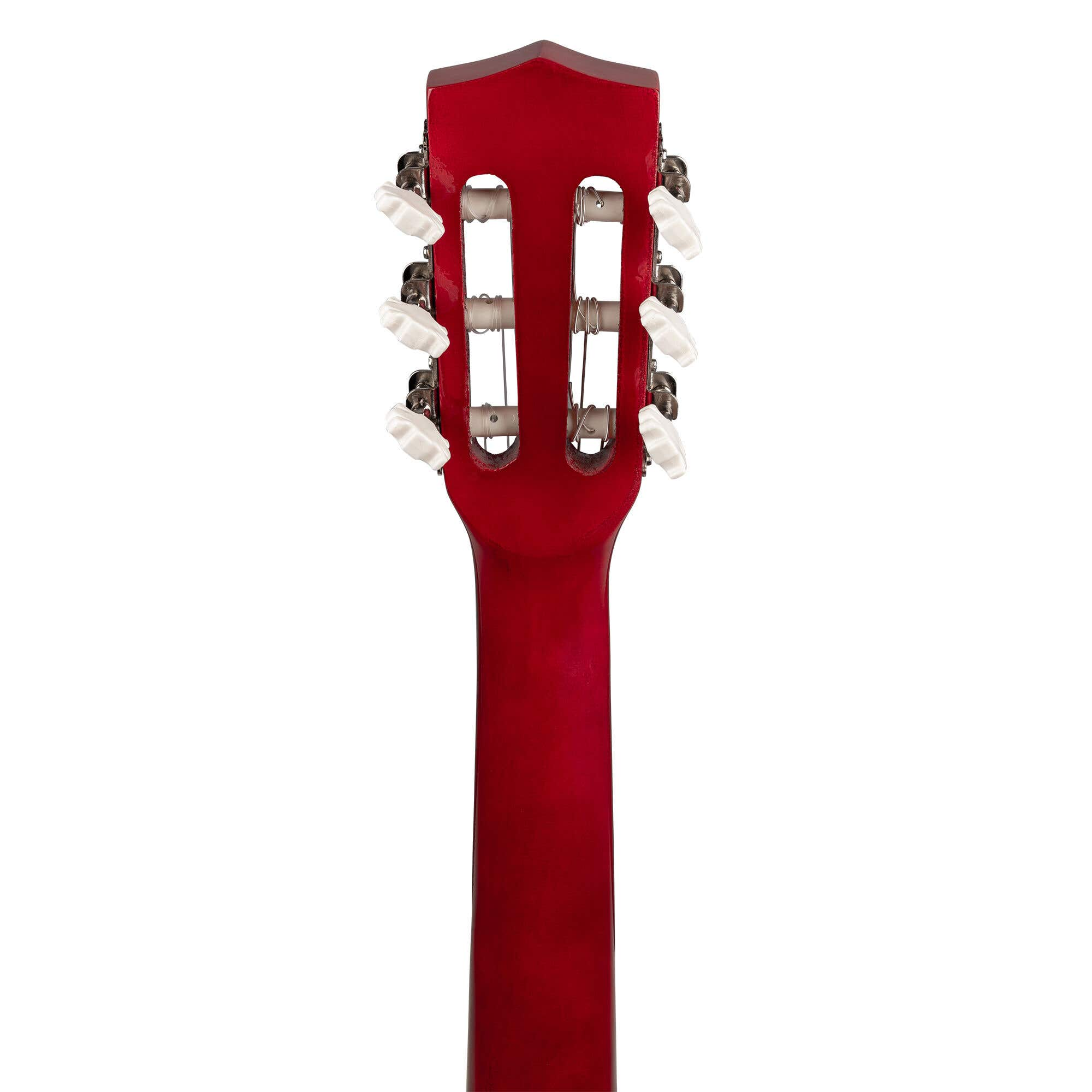 Clavijero de guitarra rojo. Clavijas blancas, cuerdas y mástil rojo que se extiende hacia abajo. Aislado sobre fondo blanco.