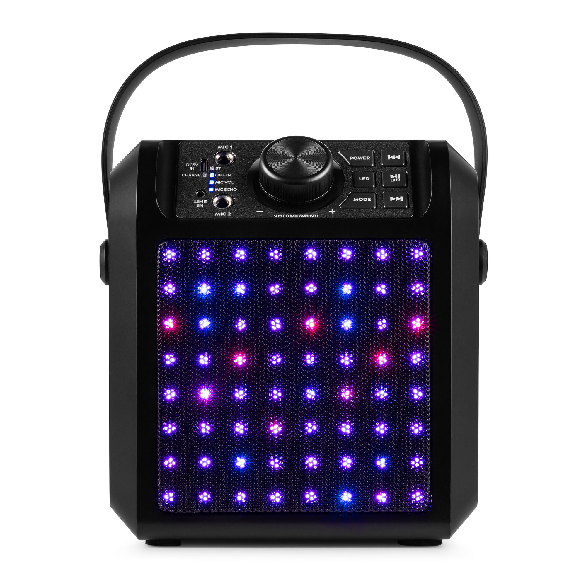 Altavoz negro con asa, panel de control y frontal iluminado con una cuadrícula de luces de colores. Se ven botones y un control de volumen.