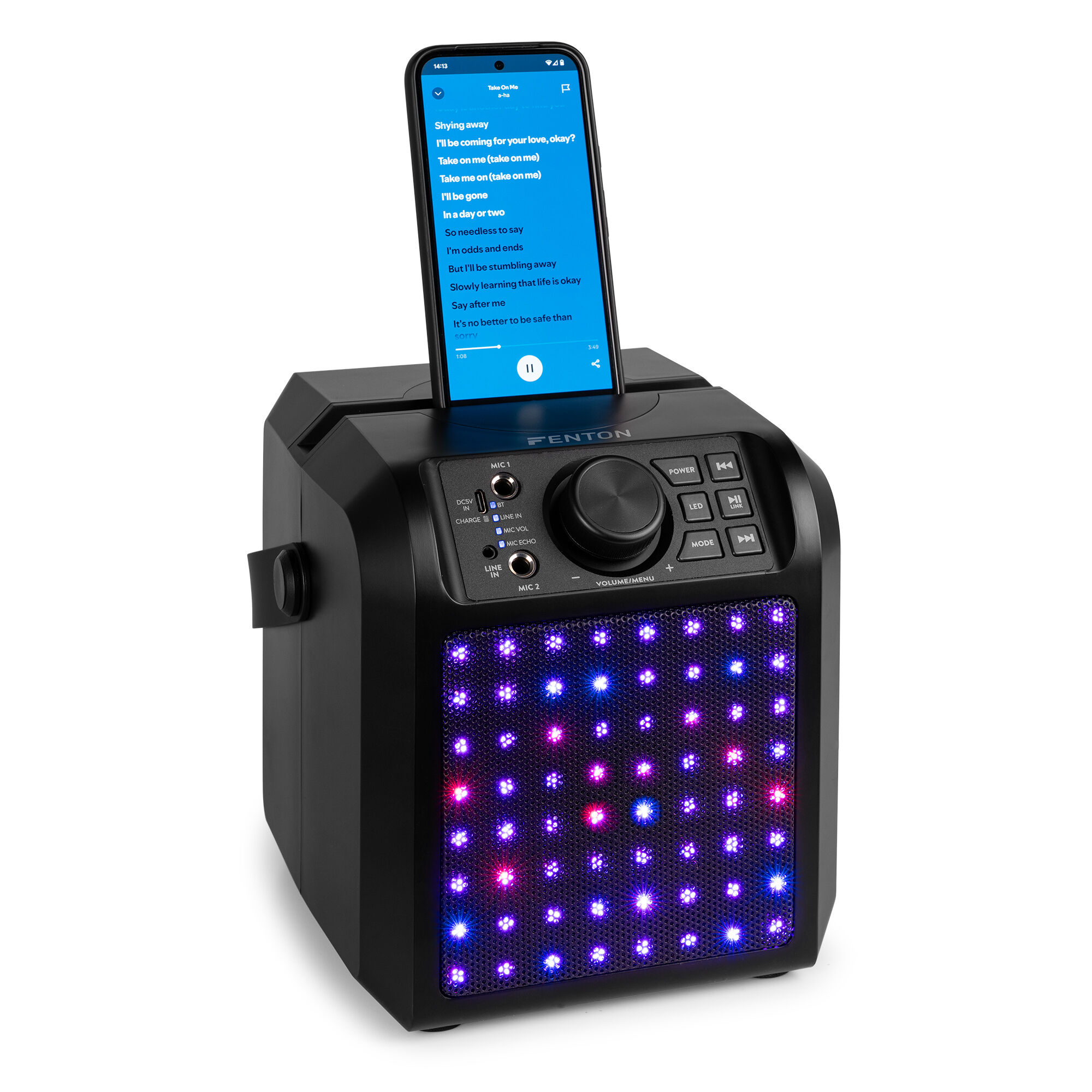 Altavoz negro con teléfono mostrando letras. Luces azules y rosas al frente. Controles y perilla de volumen.