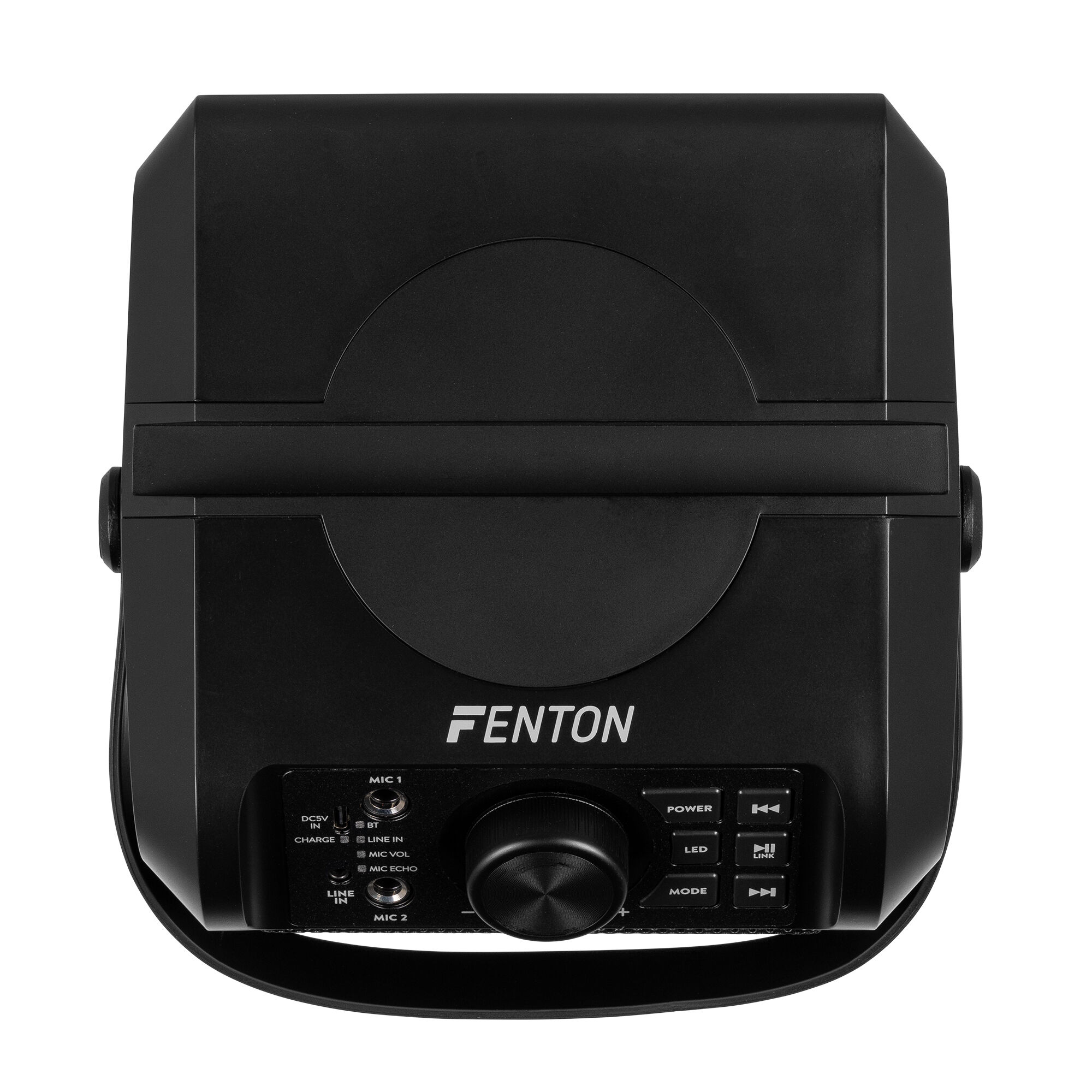 Altavoz Fenton negro. Cuenta con botones, una perilla central y puertos de entrada. La marca se muestra prominentemente.