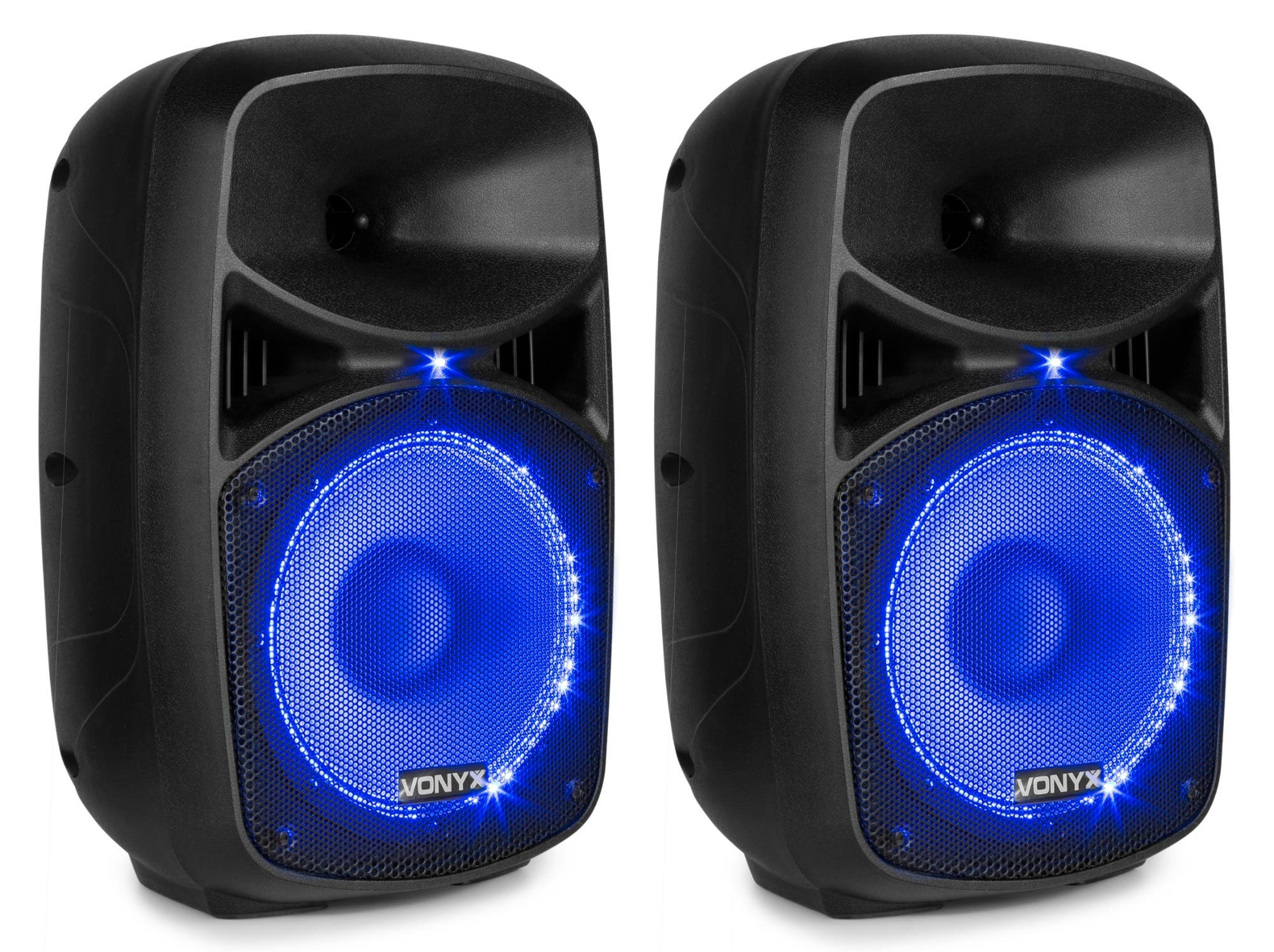 Dos altavoces negros con conos de altavoz iluminados en azul. La marca 'VONYX' es visible.