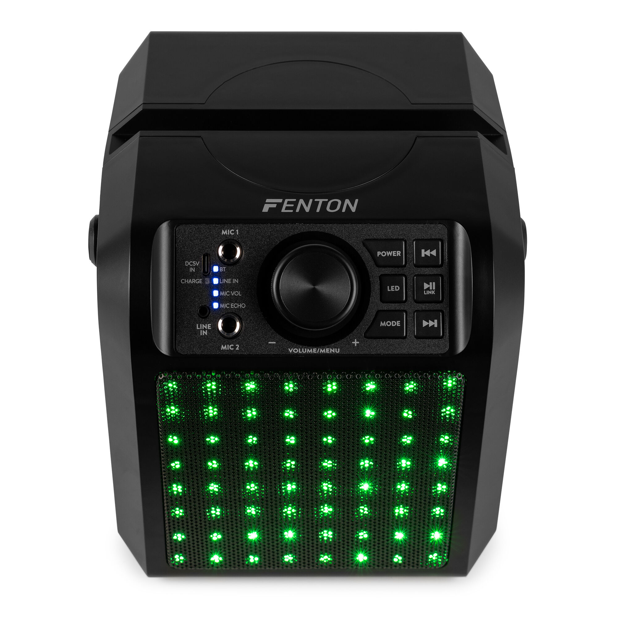 Altavoz Fenton negro con luces LED verdes. Controles incluyen encendido, LED, modo y volumen. Cuenta con entradas MIC y una pantalla.