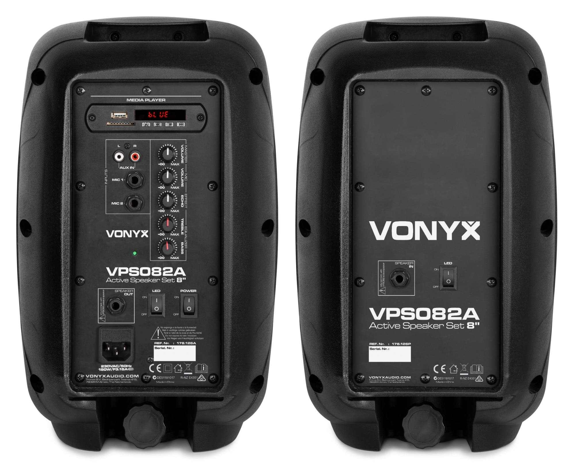 Dos traseras de altavoces negros con controles. Una muestra entradas y volumen, la otra muestra energía y un altavoz.