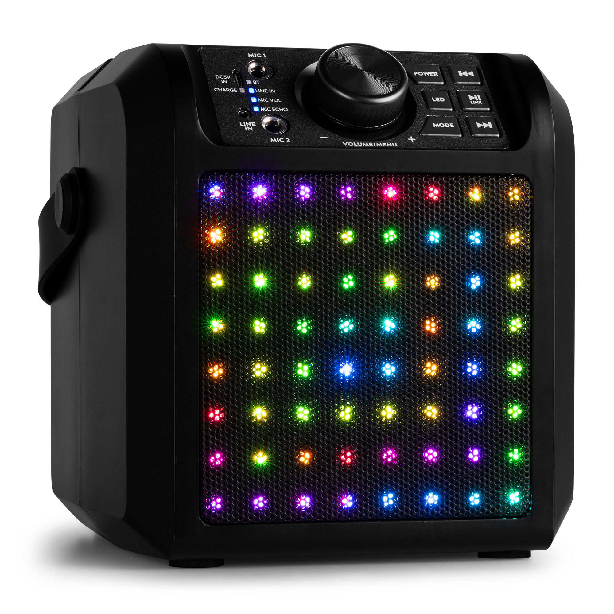 Altavoz negro con luces LED coloridas al frente. Tiene botones de control y una perilla de volumen. El fondo es blanco.