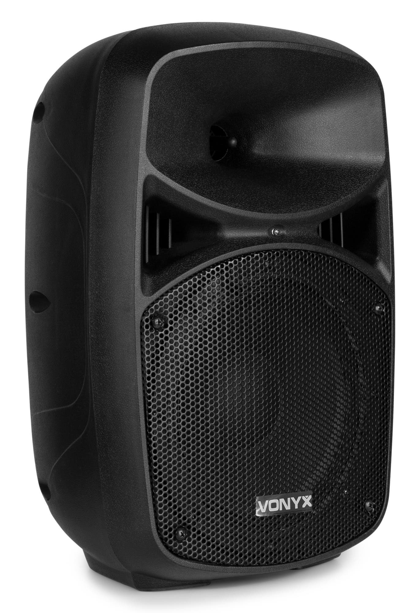 Un altavoz Vonyx negro con una rejilla frontal. Tiene una forma redondeada con una bocina. El altavoz está sobre un fondo blanco.