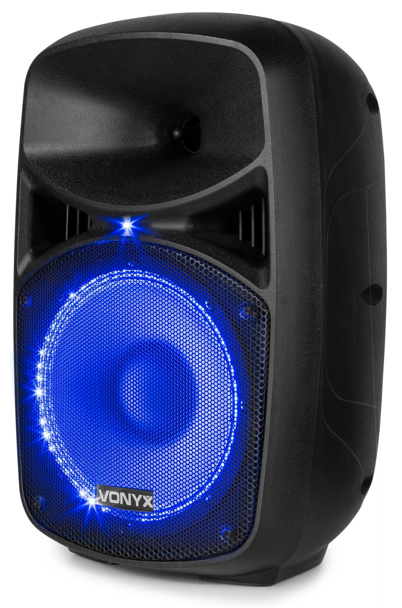 Altavoz negro con centro azul brillante. El altavoz tiene una cubierta de malla con la marca VONYX. Luces en forma de estrella rodean la luz azul.