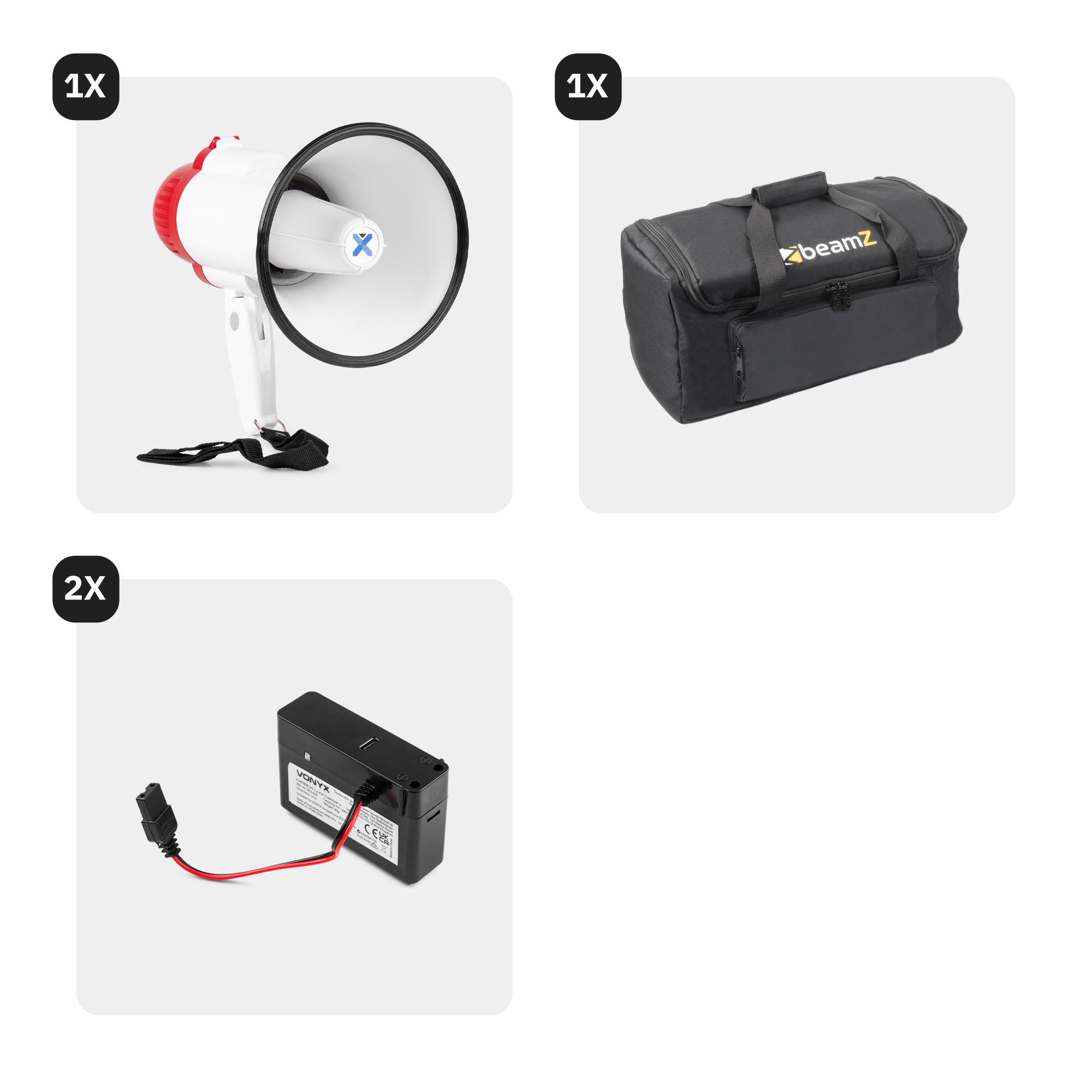 Un megáfono blanco y rojo, una bolsa negra con el logotipo de beamz y dos cajas negras con cables.