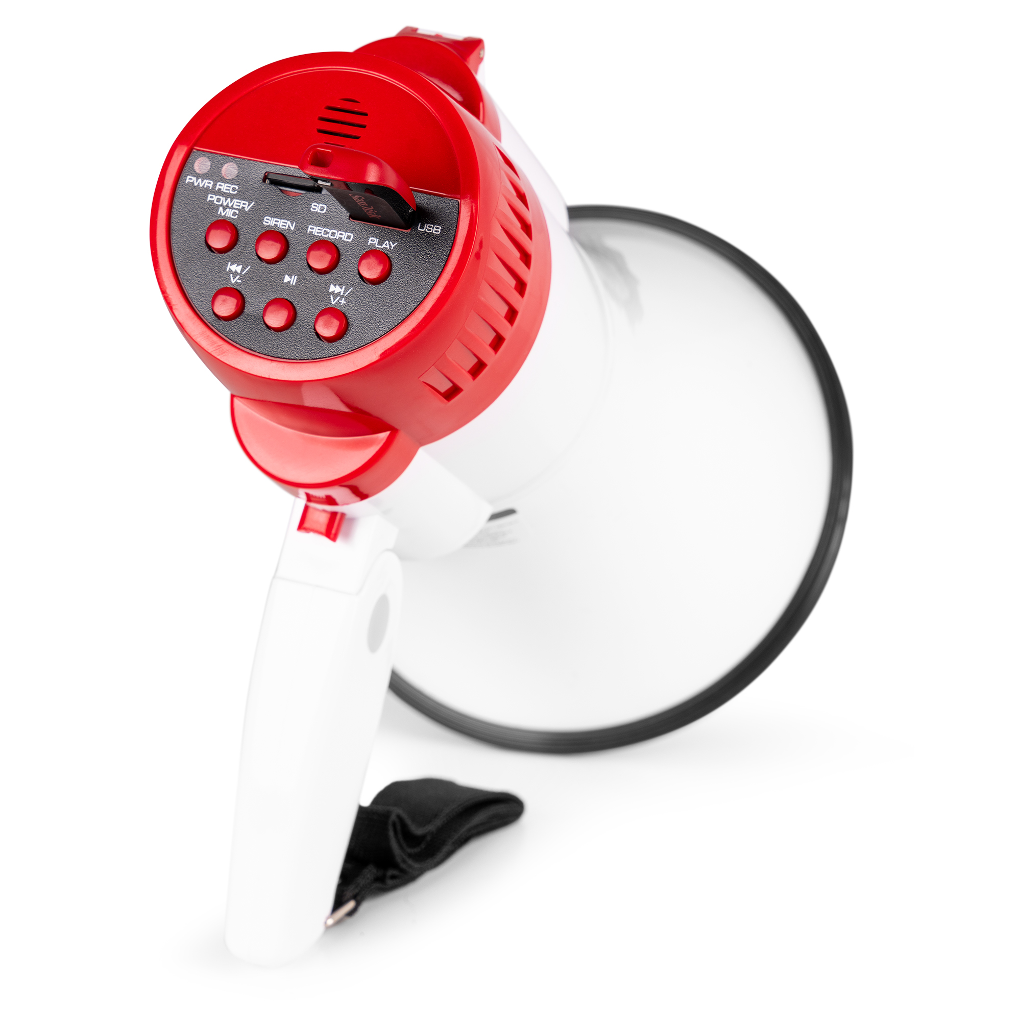 A red and white megaphone sits against a white background. It has a black control panel and a black strap.