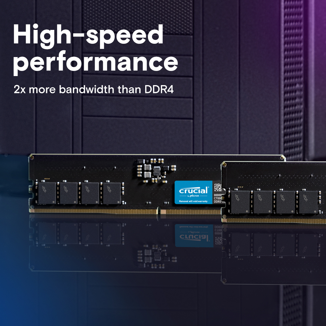 Obraz pokazuje dwa czarne moduły RAM z tekstem: Wysoka wydajność, 2x większa przepustowość niż DDR4. Logo Crucial widoczne.