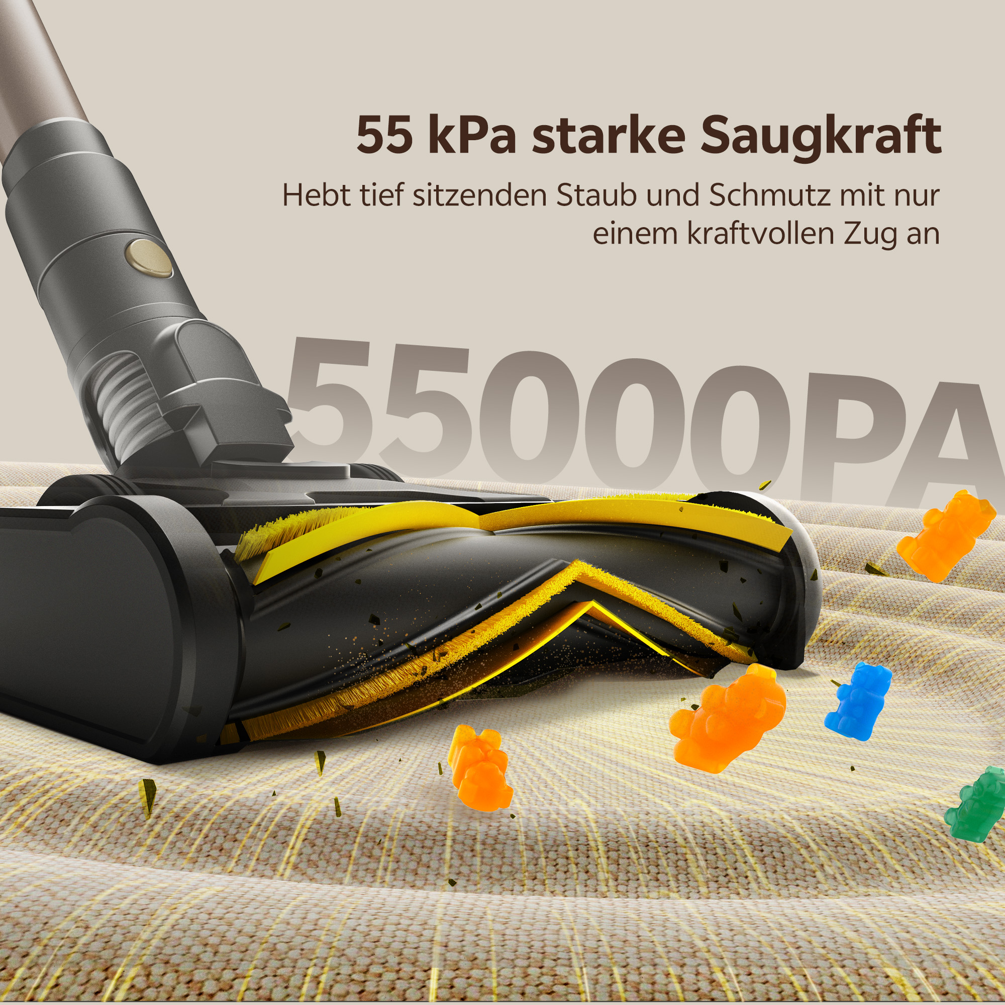Staubsaugerkopf reinigt eine strukturierte, beige Oberfläche. Gummibärchen in verschiedenen Farben sind verstreut.