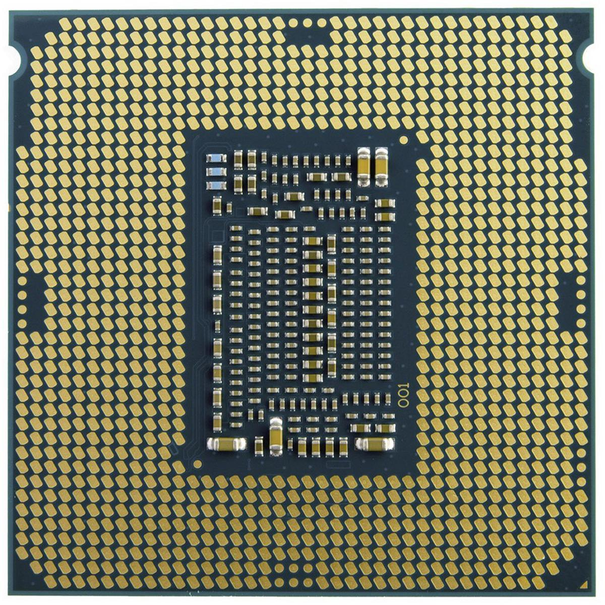 Close-up van een CPU. De CPU heeft goudkleurige pinnen en een donkerblauwgroene basis. Het centrale deel heeft veel kleine componenten.
