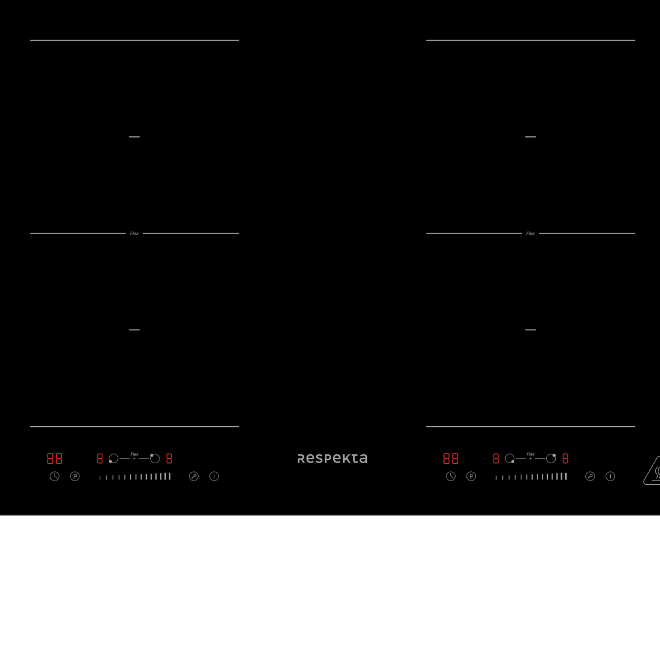 Zwart inductiekookplaat met vier kookzones. Heeft digitale displays en touch-bediening. Merknaam 'Respekta' is zichtbaar.