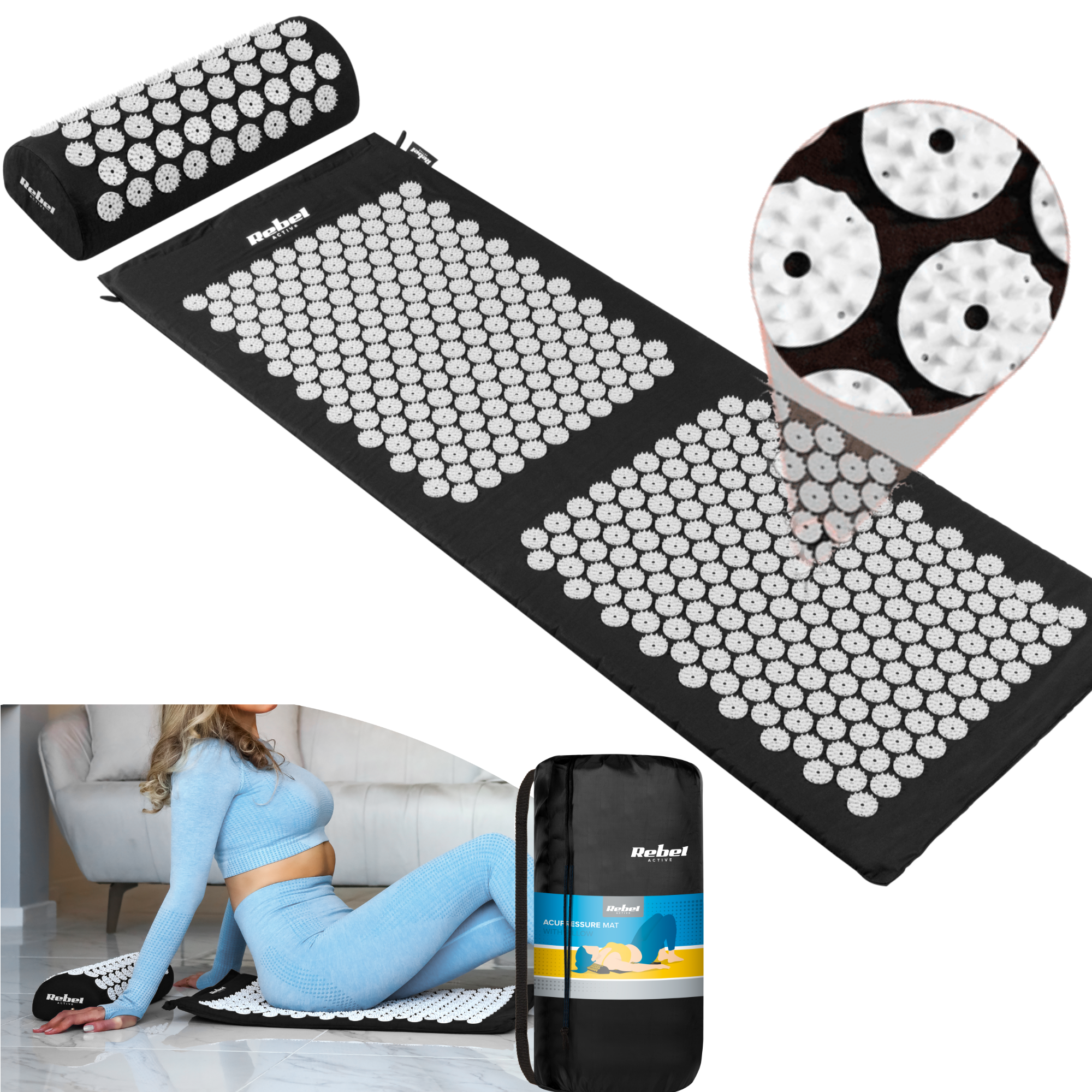 Mata do akupresury, poduszka i kobieta, która jej używa. Mata i poduszka są czarne z białymi kolcami.