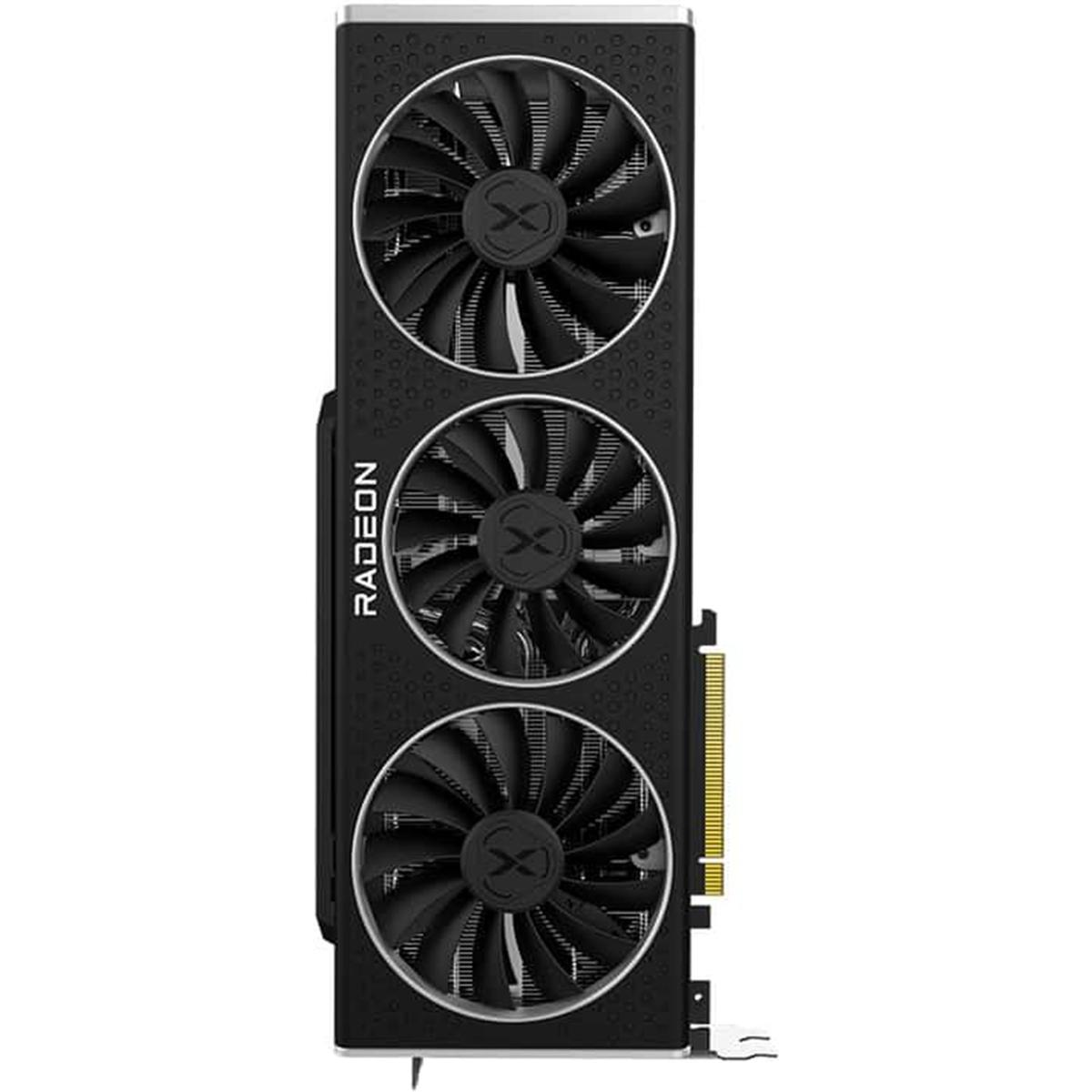 Una scheda grafica Radeon nera con tre ventole. Le ventole hanno un design circolare con la lettera X al centro.