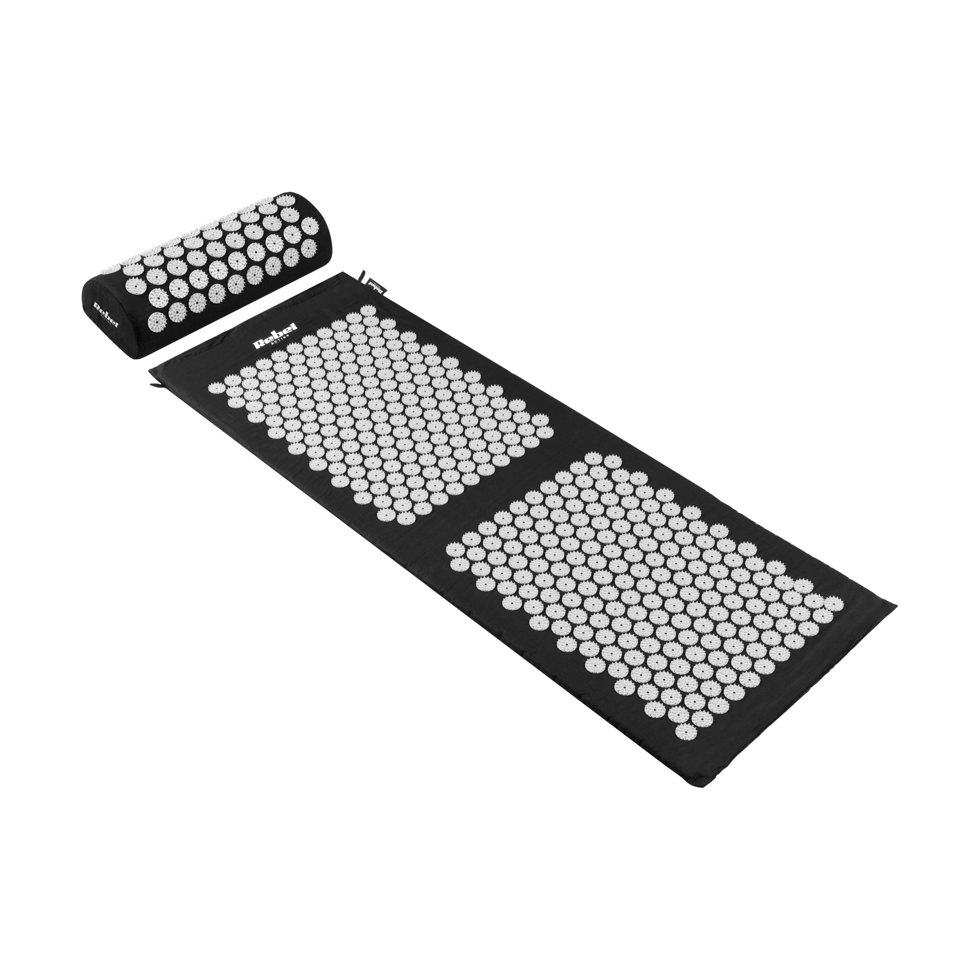 Czarny zestaw maty i poduszki do akupresury z białymi plastikowymi kolcami, z marką 'Rebel'.