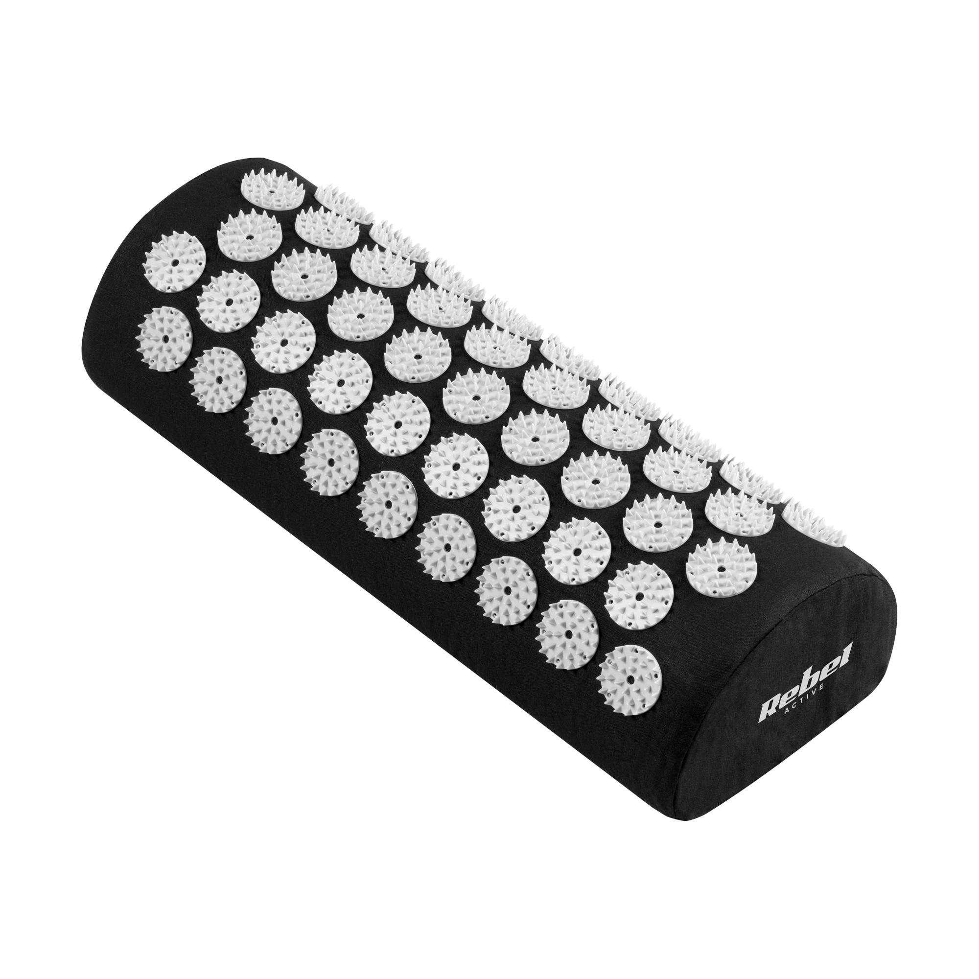 Czarna poduszka do akupresury z białymi plastikowymi kolcami. Widoczne logo 'Rebel Active'. Szaro-białe paski w tle.