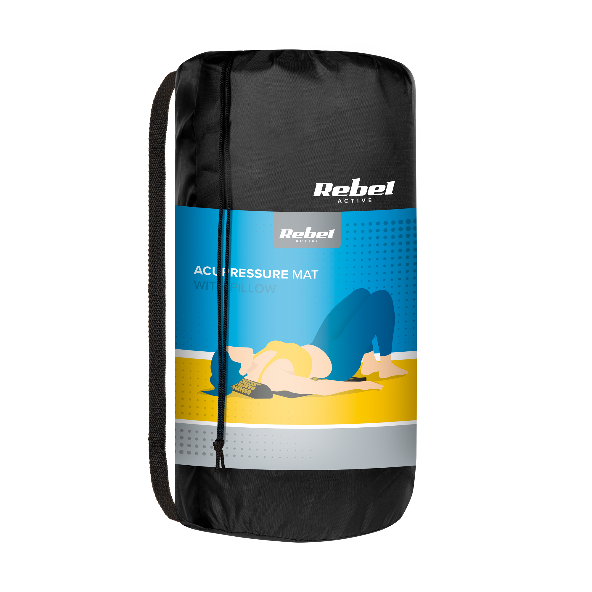 Czarna torba z niebiesko-żółtą etykietą przedstawiającą osobę na macie do akupresury. Widoczne logo Rebel Active.