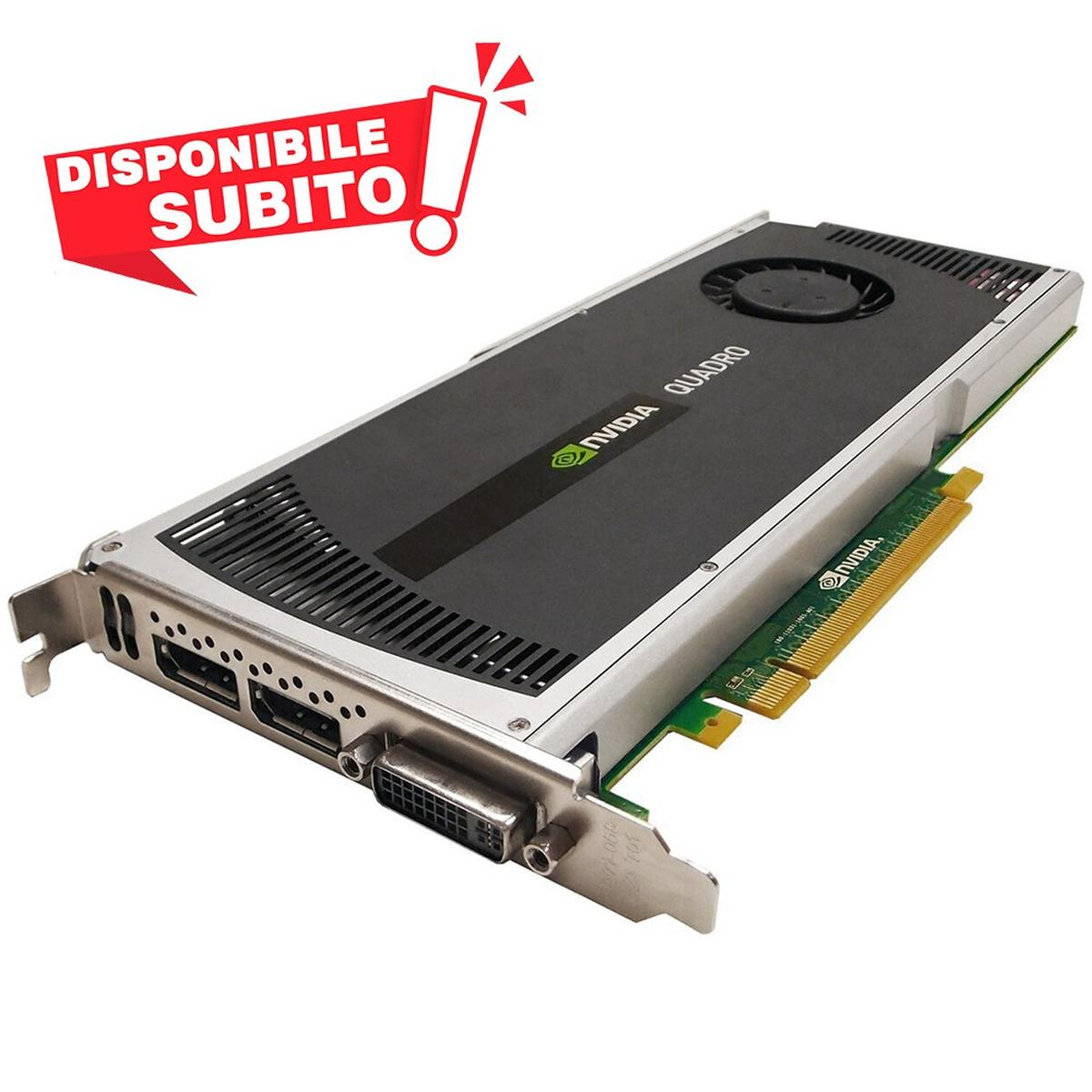 Scheda grafica Nvidia Quadro. Design nero e argento, PCB verde, con insegna rossa 'Disponibile Subito'.
