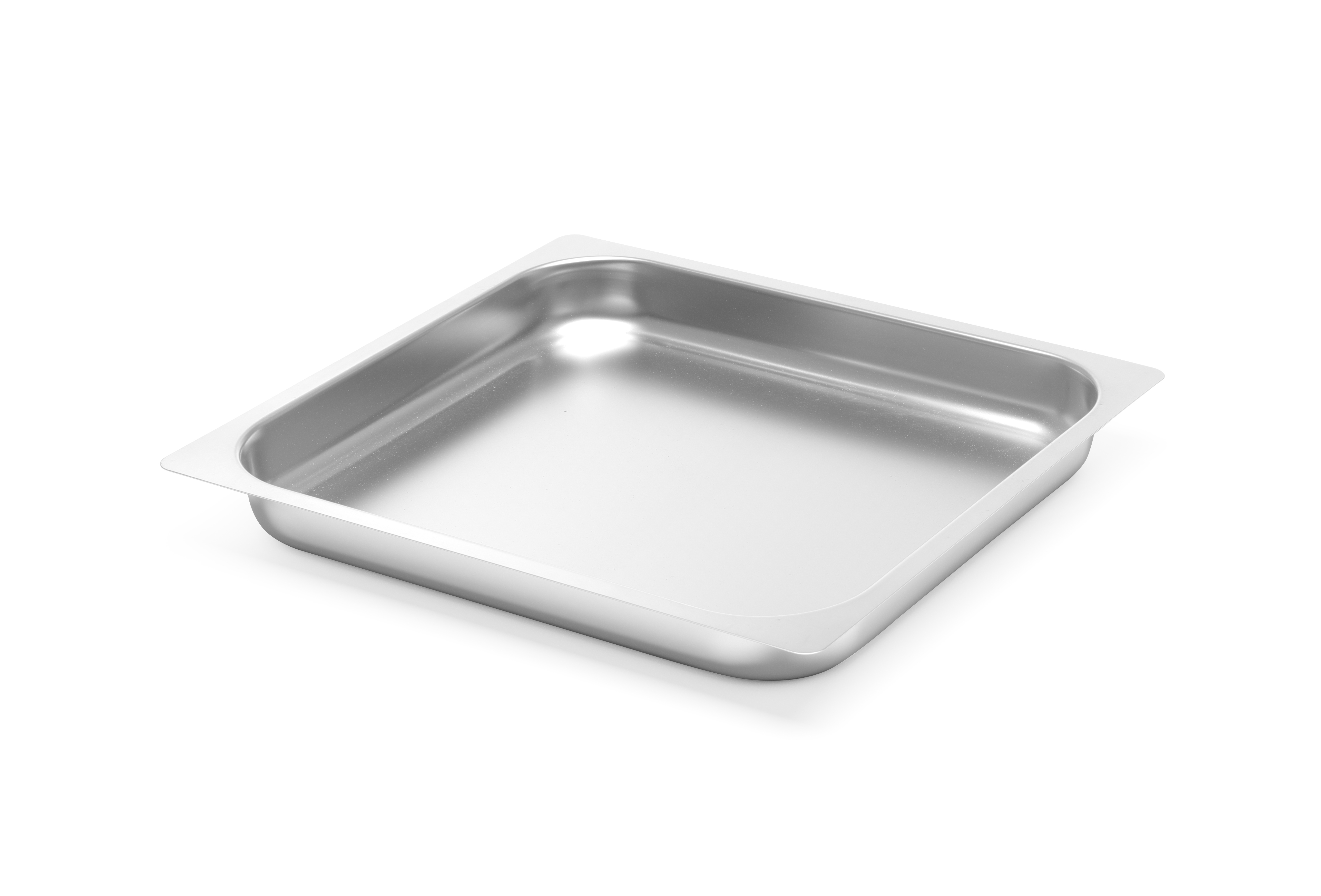 Una vaschetta rettangolare in acciaio inox. Si trova su una superficie bianca. La vaschetta ha angoli arrotondati.