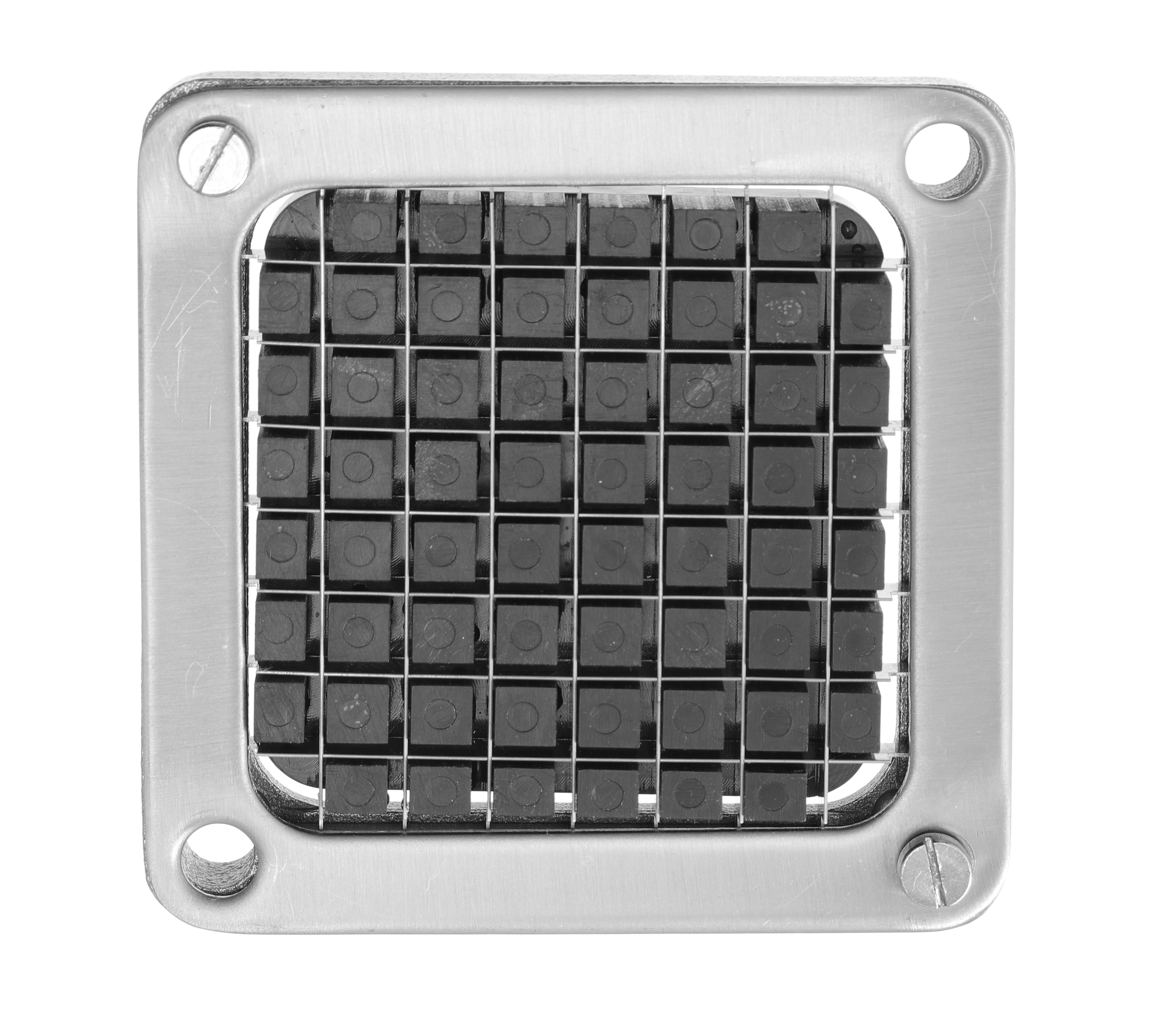 Ein quadratischer, rostfreier Lebensmittelzerkleinerer mit einem Gitter aus kleinen, dunklen Quadraten im Inneren. Schrauben sichern den Rahmen.