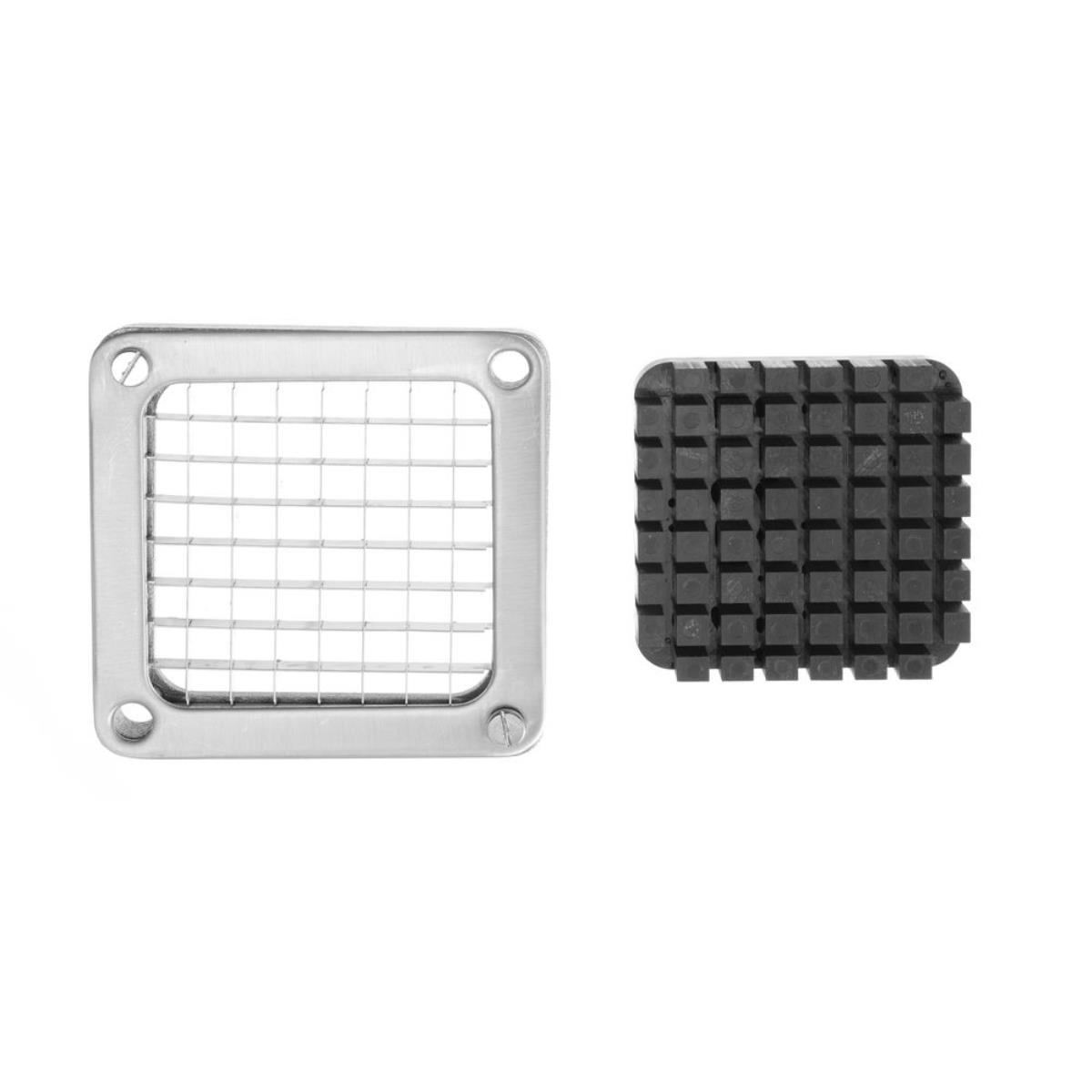 Ein quadratisches Edelstahlgitter und ein schwarzes Quadrat mit gitterartigem Muster, wahrscheinlich Teile eines Lebensmittelschneiders, vor weißem Hintergrund.