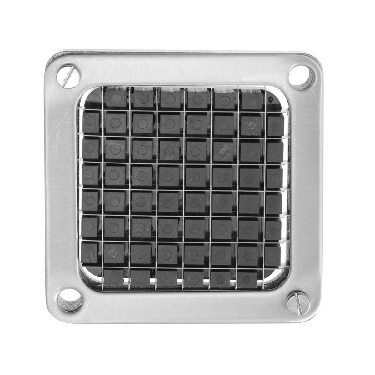 Ein Pommesschneider aus Edelstahl mit vielen quadratischen Schneidklingen. Schwarze Quadrate sind im Klingenrahmen sichtbar.