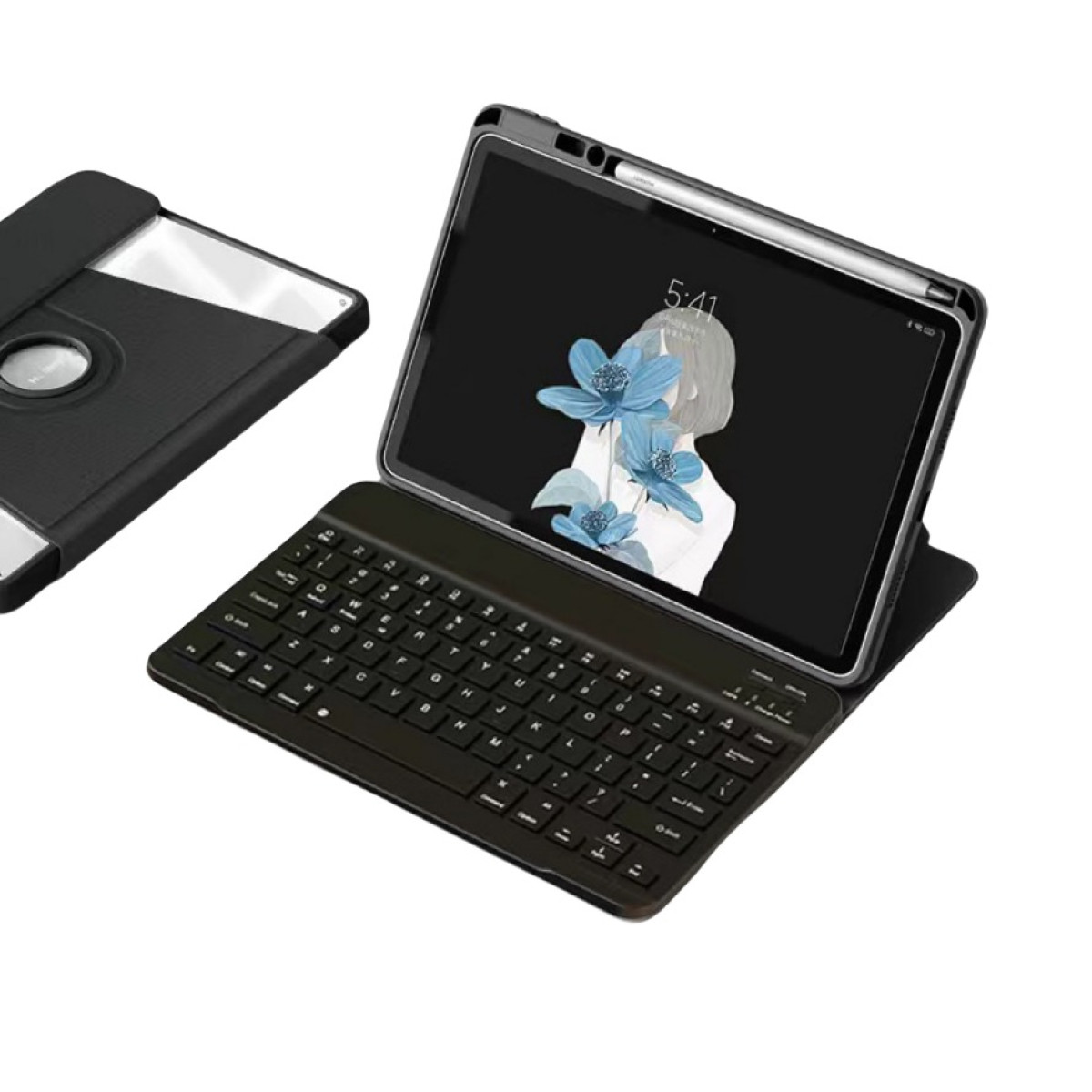 Tablet mit schwarzer Tastatur und Hülle. Der Bildschirm zeigt eine Frau und blaue Blumen. Eine weitere Hülle ist links zu sehen.