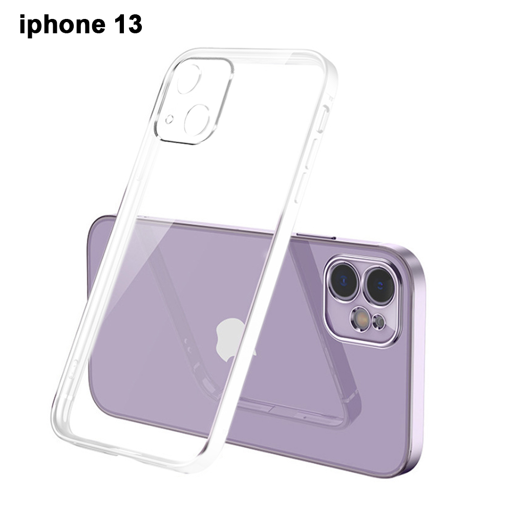 Transparente Handyhülle über einem lila iPhone 13. Die Hülle ist transparent und zeigt die Kamera und das Apple-Logo des Telefons.