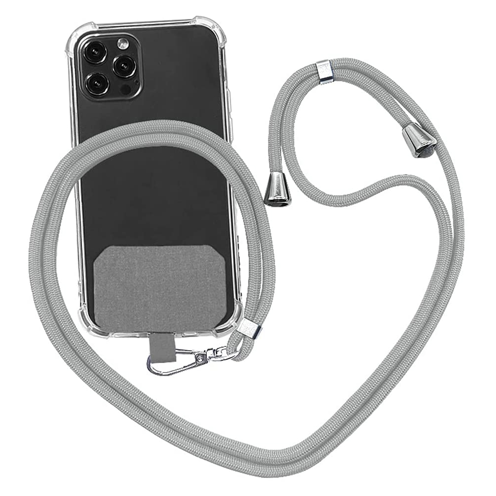 Ein schwarzes Smartphone mit grauem Band und transparenter Hülle. Das Band hat Metallenden und einen Verschluss.