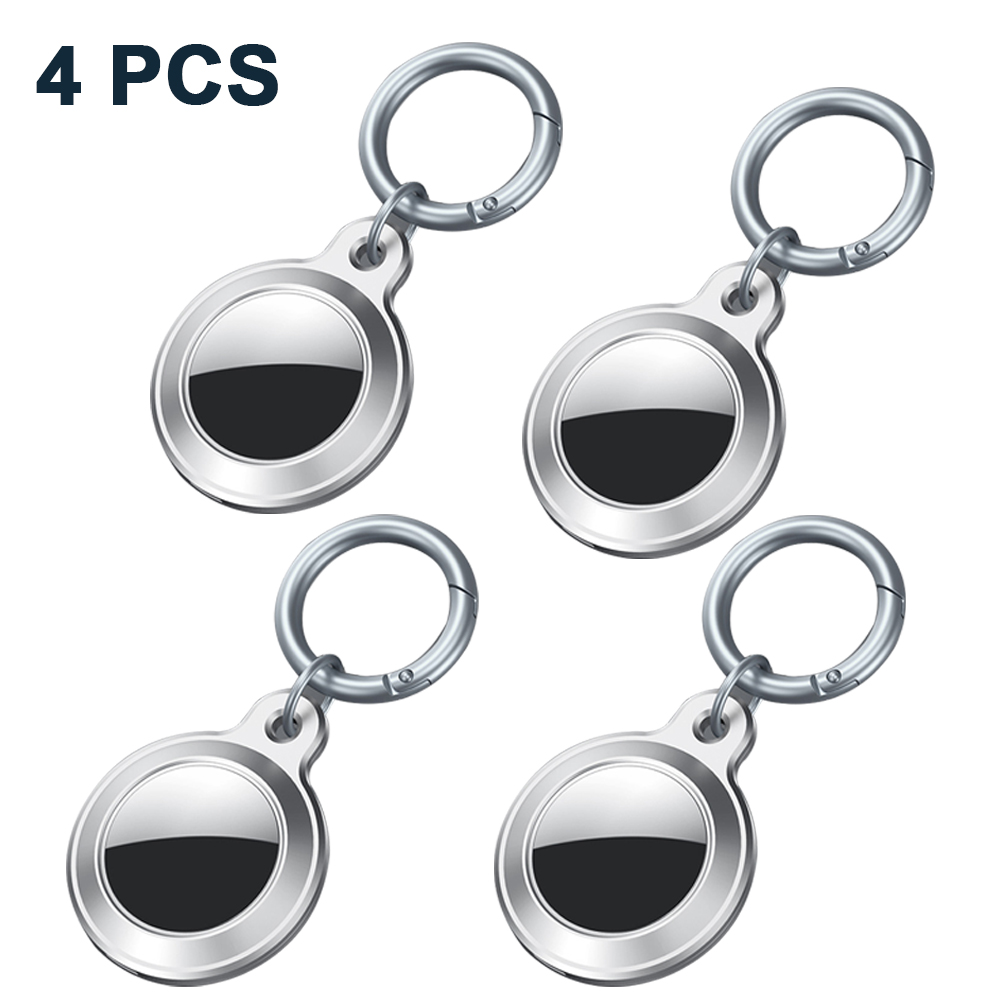 Vier silberne Schlüsselanhänger mit schwarzen Zentren und silbernen Ringen auf weißem Hintergrund. Der Text '4 PCS' ist sichtbar.