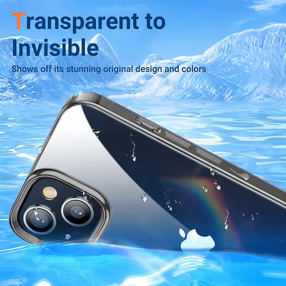 Eine transparente Handyhülle im Wasser, die einen Regenbogeneffekt zeigt. Der Hintergrund zeigt einen schneebedeckten Berg und blaues Wasser.