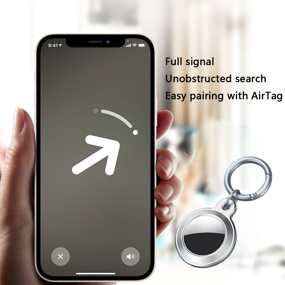 Hand hält iPhone mit Suchsymbol. AirTag rechts. Text: Volles Signal, Ungehinderte Suche, Einfaches Pairing mit AirTag.