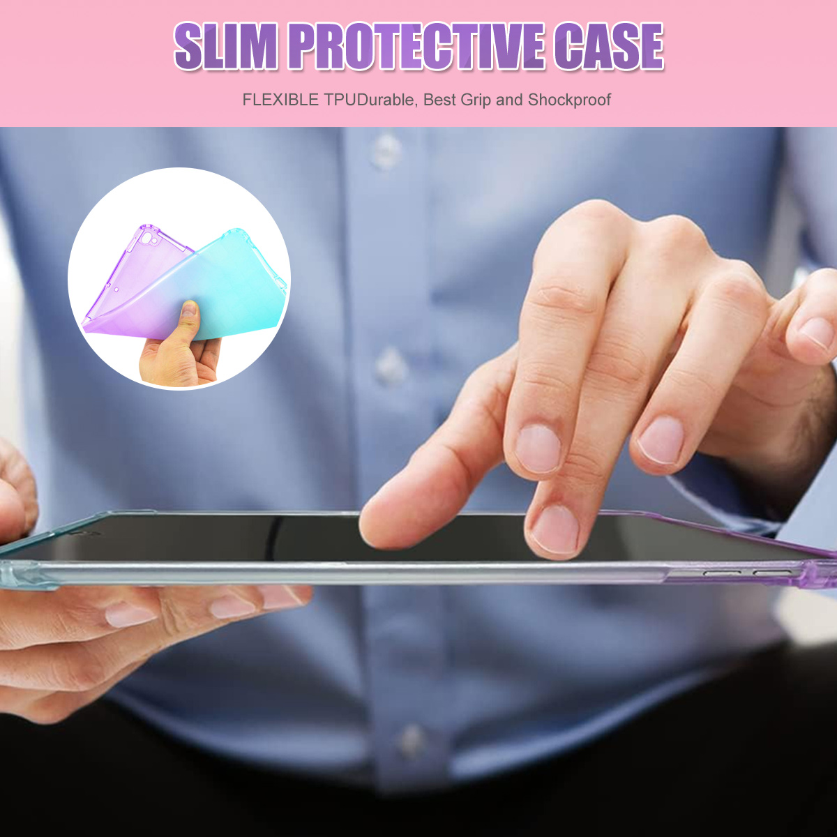 Eine Hand berührt ein Tablet. Das Bild zeigt eine Schutzhülle und den Text 'SLIM PROTECTIVE CASE'.