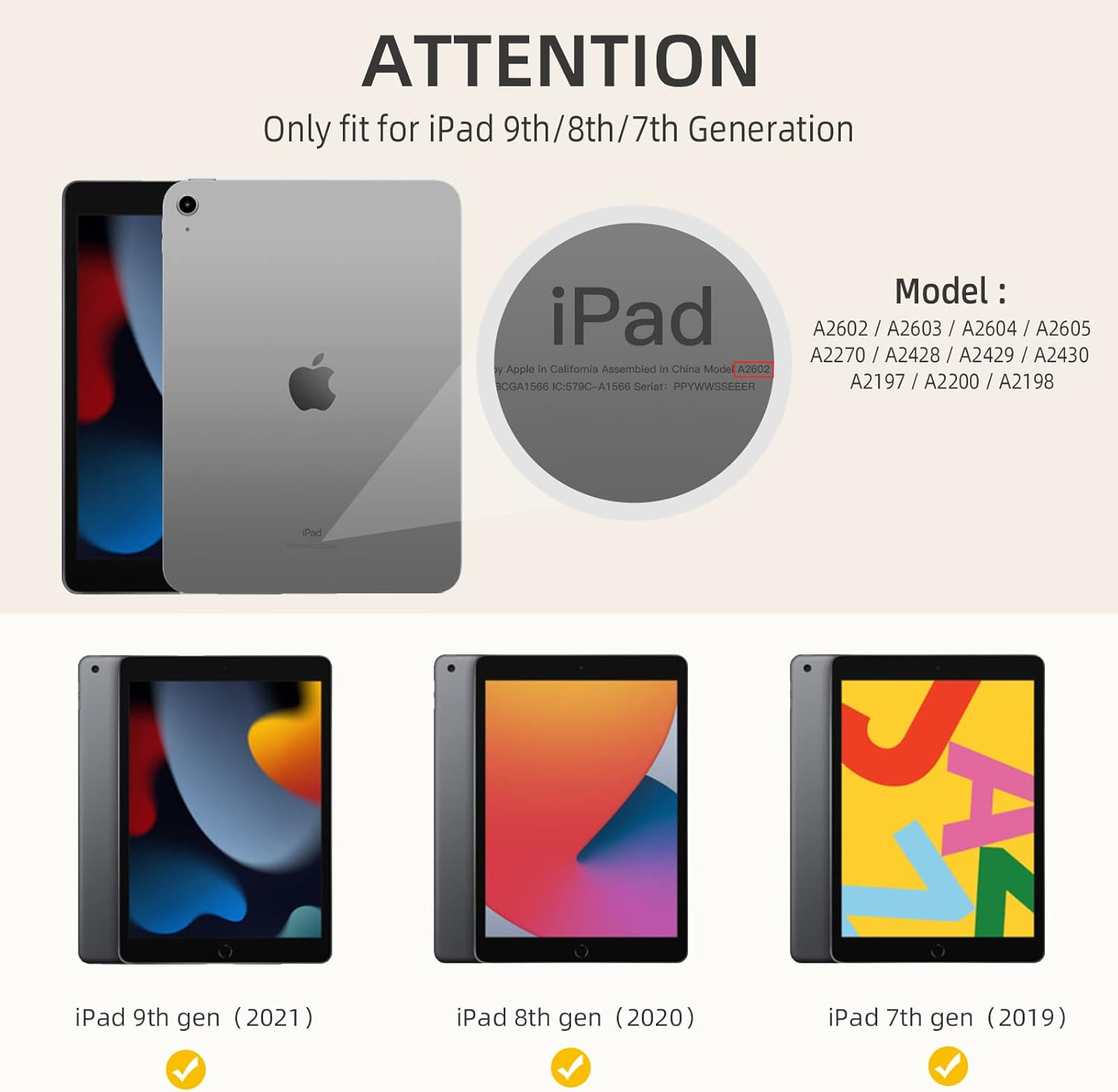 Bild zeigt iPads und Kompatibilitätsinformationen. Text enthält Modelle und Generationen. Achtung: Nur für bestimmte iPads geeignet.