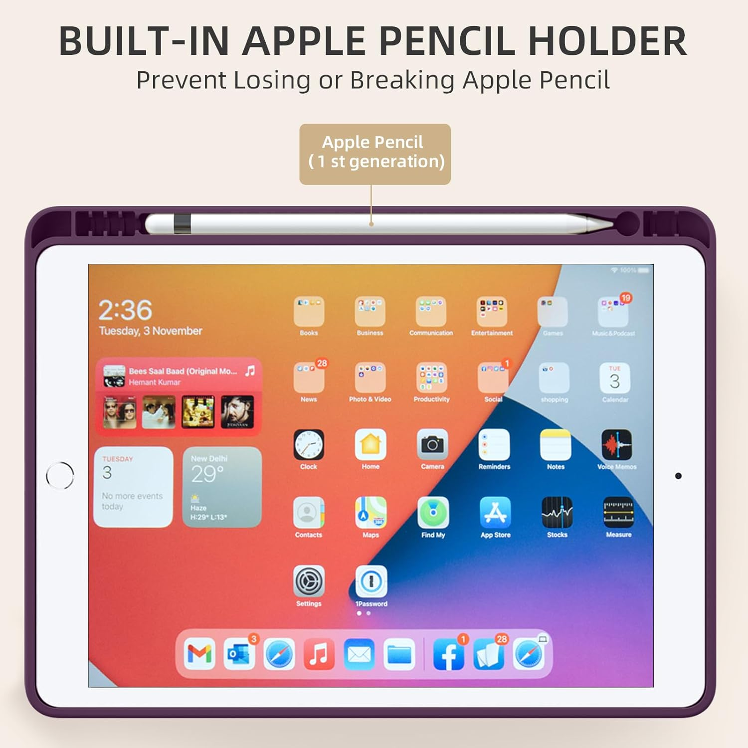 Ein iPad mit Apple Pencil. Der Bildschirm zeigt Apps und Widgets. Eine lila Hülle umgibt das Tablet und hält den Stift.
